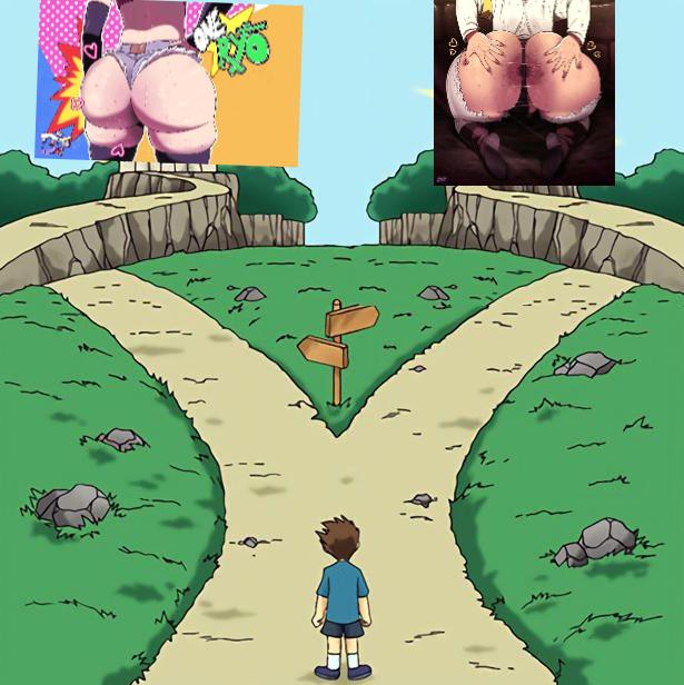 2d, 2d artwork, 2girls, aged up, anus, arena, ass focus, back view, big ass, boruto: naruto next generations, bottom heavy, clothed, color, d-art, faceless females, fair skinned female, female focus, gabi braun, jean shorts, meme, naruto (series), path, sarada uchiha, spread ass, take your pick