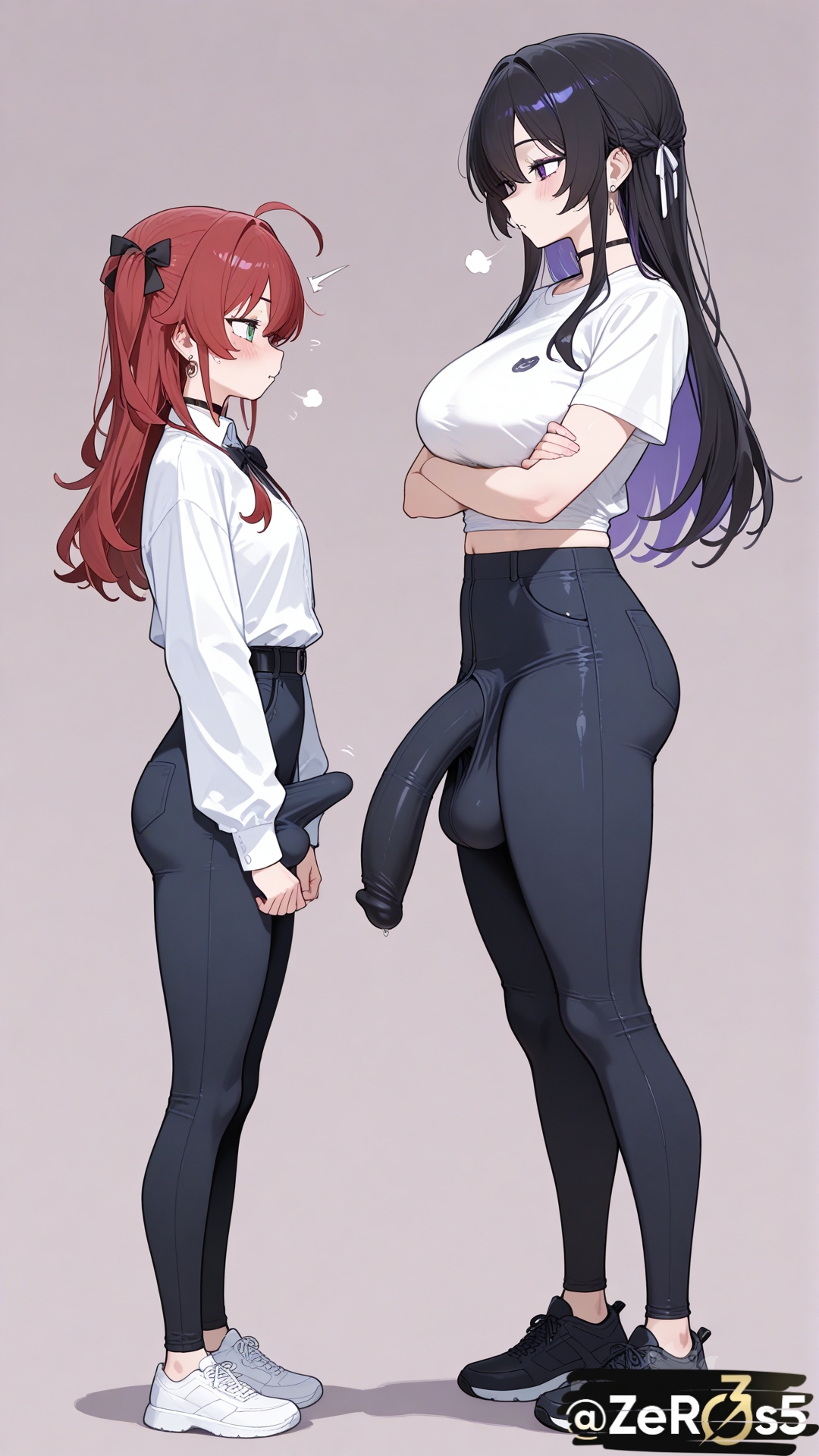, ai generated, big balls, big breasts, big penis, bulge, bulge through clothing, comparing penis, flaccid, flaccid penis, futa with futa, futanari, huge cock, large penis, penis size difference, saggy balls, side view, size difference, tight clothing, tight pants, visible