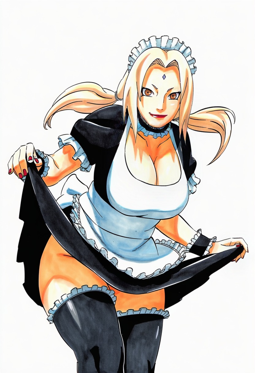 1girls, accurate art style, accurate body type, ai generated, alternate costume, apron, big breasts, black thighhighs, breasts, brown eyes, cleavage, closed mouth, clothed, clothes lift, clothing, collarbone, colored nails, deep cleavage, dress, dress lift, enmaided, facing viewer, female, female focus, female only, frilled apron, frilled choker, frilled thighhighs, frills, full color, headdress, high resolution, highres, huge breasts, large breasts, leaning forward, legwear, lifted by self, light skin, light-skinned female, line art, looking at viewer, maid, maid apron, maid headdress, maid outfit, maid uniform, manga style, mature female, nail polish, naruto, naruto (series), naruto shippuden, no panties, official style, oppai, orange eyes, pinup, puffy sleeves, red nails, shiny skin, short sleeves, simple background, skirt, skirt lift, skirt up, smile, soft shading, solo, solo focus, thighhighs, thighs, thin eyebrows, three-quarter view, tsunade, v-shaped eyebrows, waifu, waist apron, white apron, white background, wrist cuffs