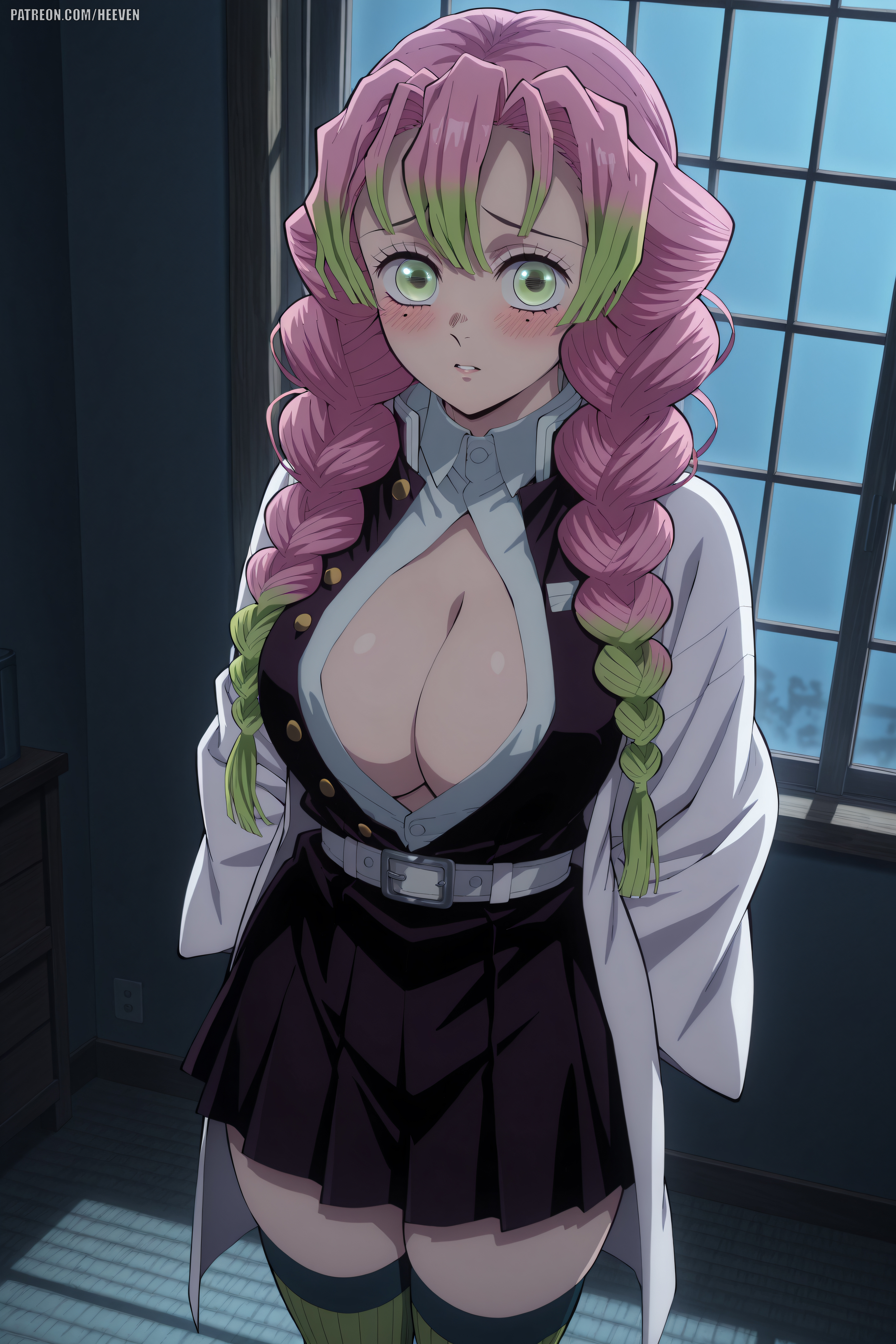 1boy, absurdres, adult, ai generated, big breasts, breasts, demon slayer, heeven, highres, kanroji mitsuri, kimetsu no yaiba, mature, mitsuri kanroji, perfect body, standing, uncensored
