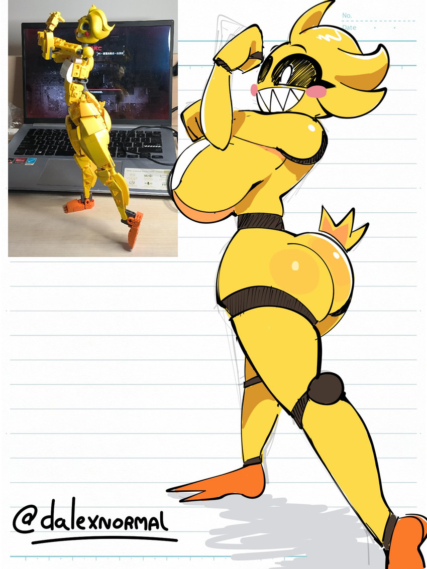2024, anthro, artist name, avian, bib, bib only, big breasts, big butt, biped, bird, black sclera, breasts, bubble butt, butt, cheek dots, chicken, dalexnormal, disembodied tail, dnormal11, female, five nights at freddy's, five nights at freddy's 2, galliform, hi res, huge breasts, lego, lego brick, mostly nude, notebook paper background, phasianid, photo reference, pose, robot anthro, scottgames, segmented arms, segmented legs, sharp teeth, side boob, small waist, solo, teeth, text, toy chica (fnaf), under boob, yellow body