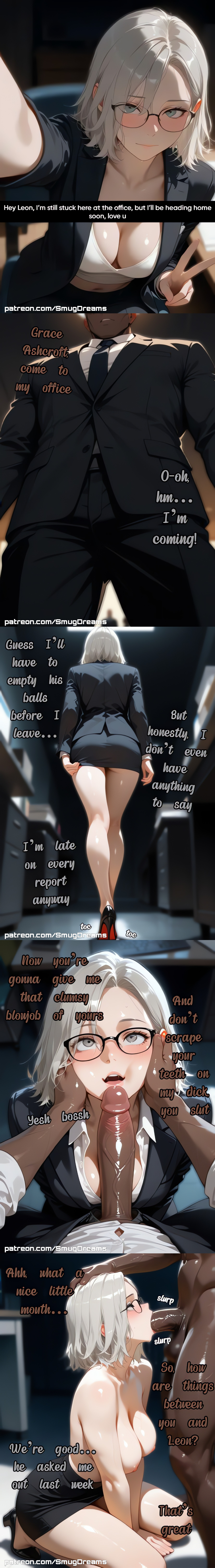 ai generated, big breasts, blush, cheating, cheating girlfriend, cuckold, cuckolding, dark-skinned male, glasses, grace ashcroft, interracial, large penis, netorare, ntr, office, office lady, resident evil, resident evil 9: requiem, secretary