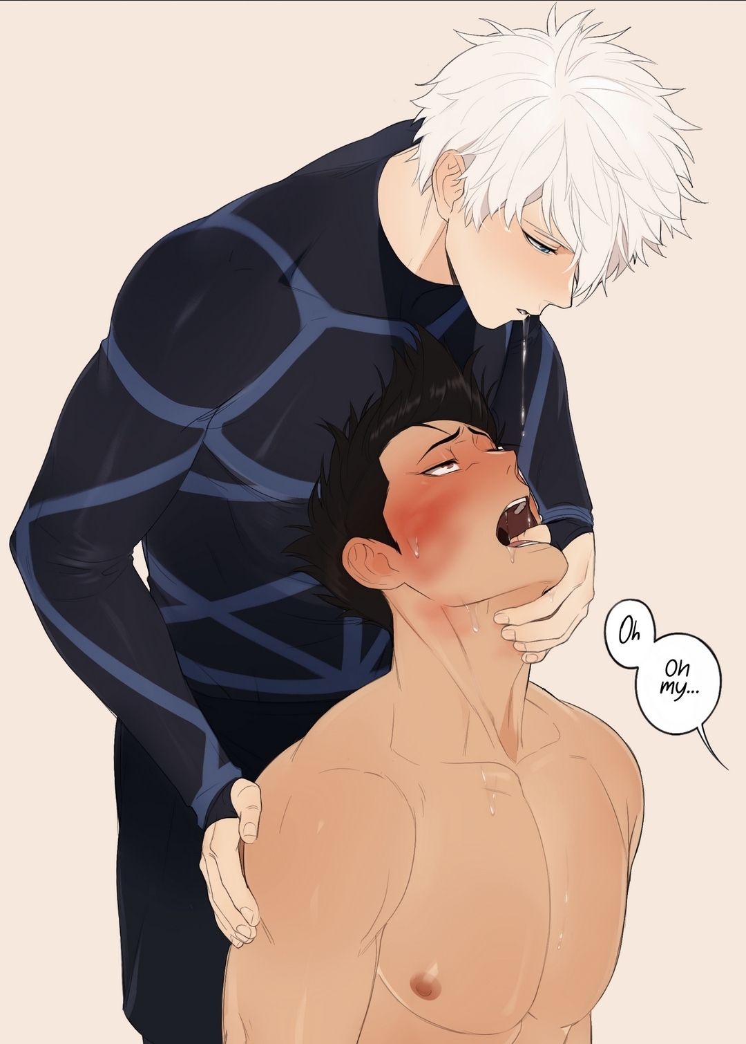 2boys, athletic male, black hair, blue lock, blush, drooling, drooling into mouth, english text, gay, male, male only, male/male, masculine, nagi seishiro, riffraffhellyea, shouei barou, spit, spitting in mouth, submissive male, sweat, white hair