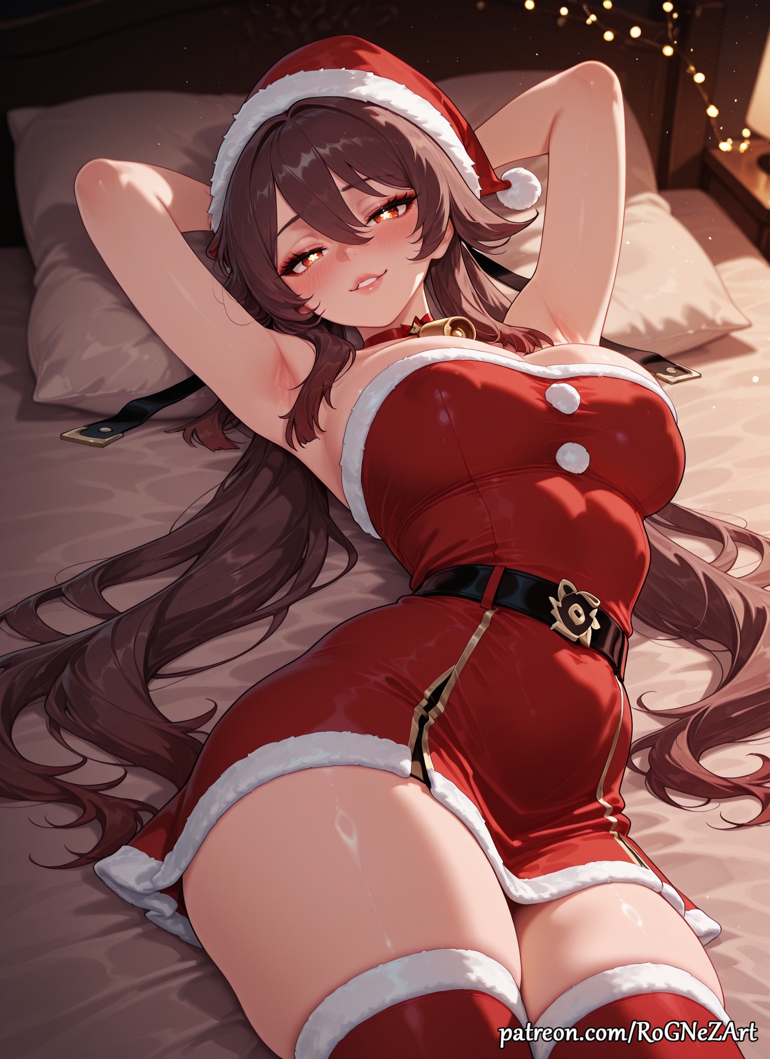 1girl, 2026, ai generated, alternate breast size, anime, armpits, arms behind head, arms up, bangs, bed, bell, belt, blush, boobs, breasts, brown hair, choker, christmas, cleavage, covered navel, covered nipples, crossover, dress, eye contact, female, female focus, flushed, fur trim, genshin impact, hair between eyes, hat, highres, hoyoverse, hu tao (genshin impact), huge breasts, indoors, inside, large breasts, long hair, looking at viewer, lying, mihoyo, neck bell, nsfw, on back, on bed, parted lips, patreon, pigtails, pillow, red choker, red dress, red eyes, red thighhighs, rognezart, santa costume, santa dress, santa hat, short dress, smile, smiling, solo, strapless, symbol-shaped pupils, thick thighs, thighhighs, thighs, twintails, very long hair