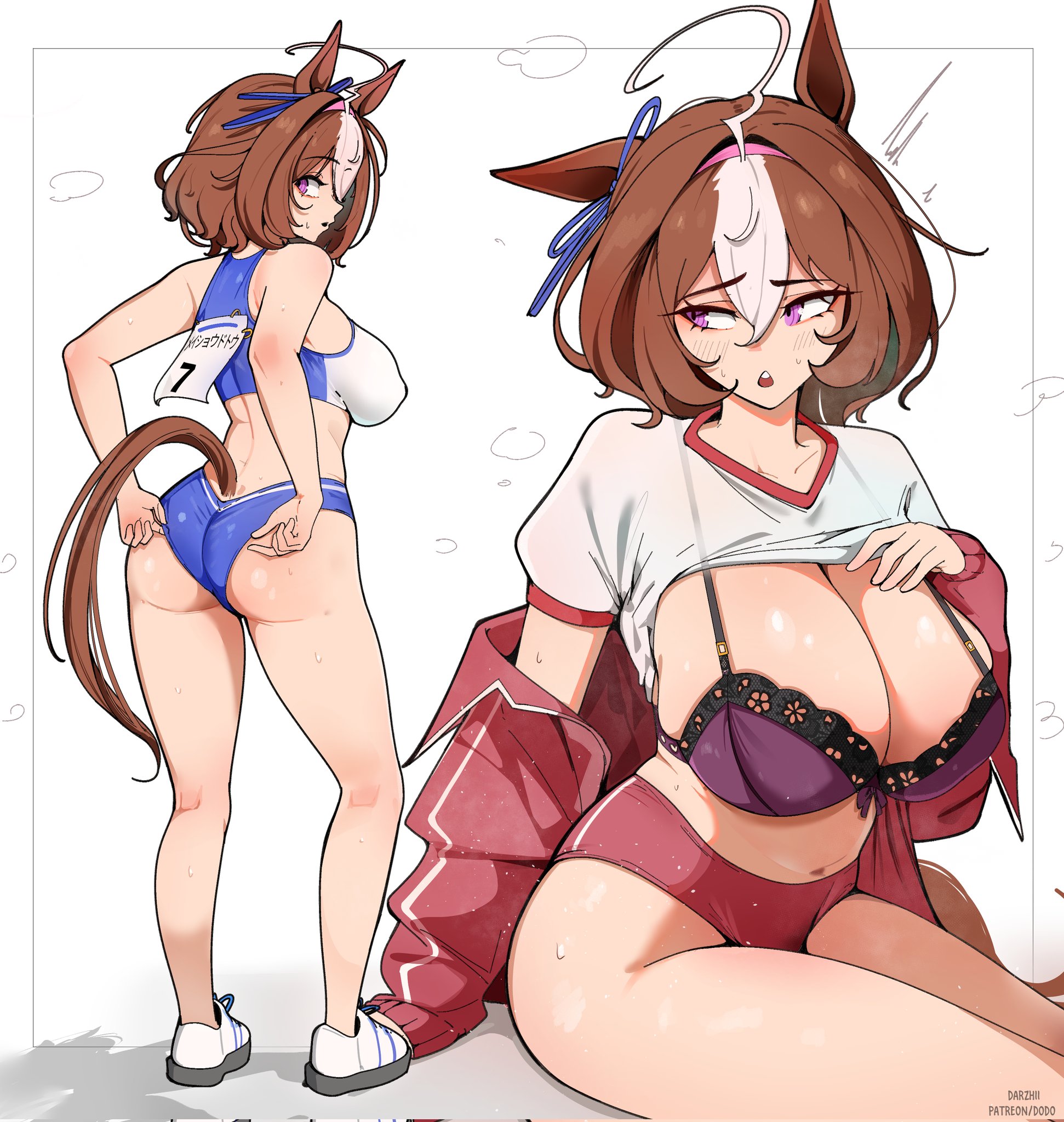 , 1girls, ahoge, blush, bra, brown hair, clothed, darzhii, female, hair ribbon, hairband, horse ears, horse girl, horse tail, japanese text, looking back, meisho doto (umamusume), open clothes, open jacket, purple bra, purple eyes, rear view, ribbon, see-through, see-through clothing, shirt up, short hair, shorts pull, sports bra, sports shorts, sportswear, streaked hair, sweat, tail, umamusume, white streak