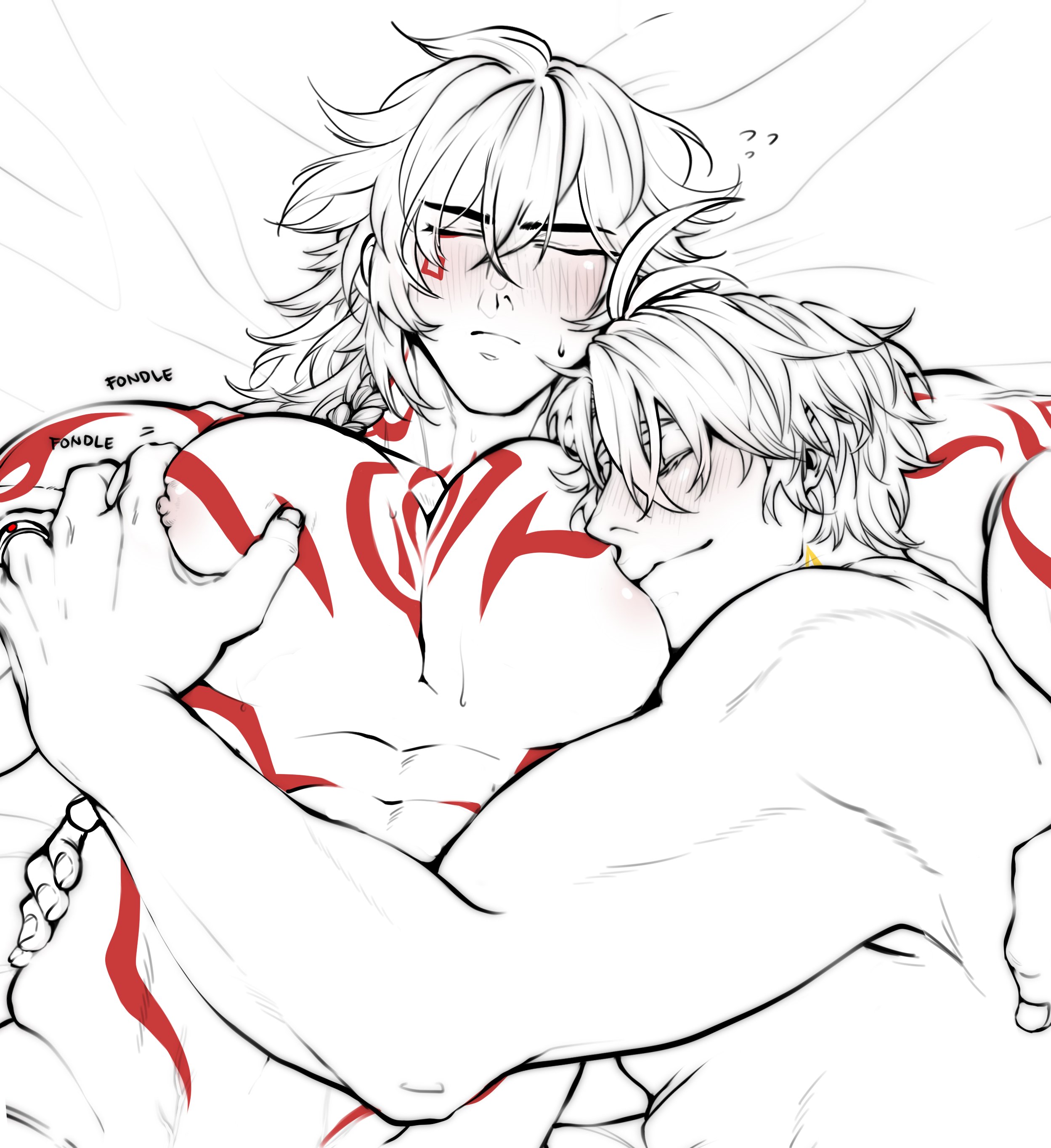 2boys, bara, big breasts, big tits, boob squish, cuddling, fondling, fondling pecs, gay, honkai: star rail, male tits, muscular bottom, muscular male, muscular top, mydei (honkai: star rail), phaidei (honkai: star rail), phainon (honkai: star rail), residentcatboy, squeeze breast, yaoi