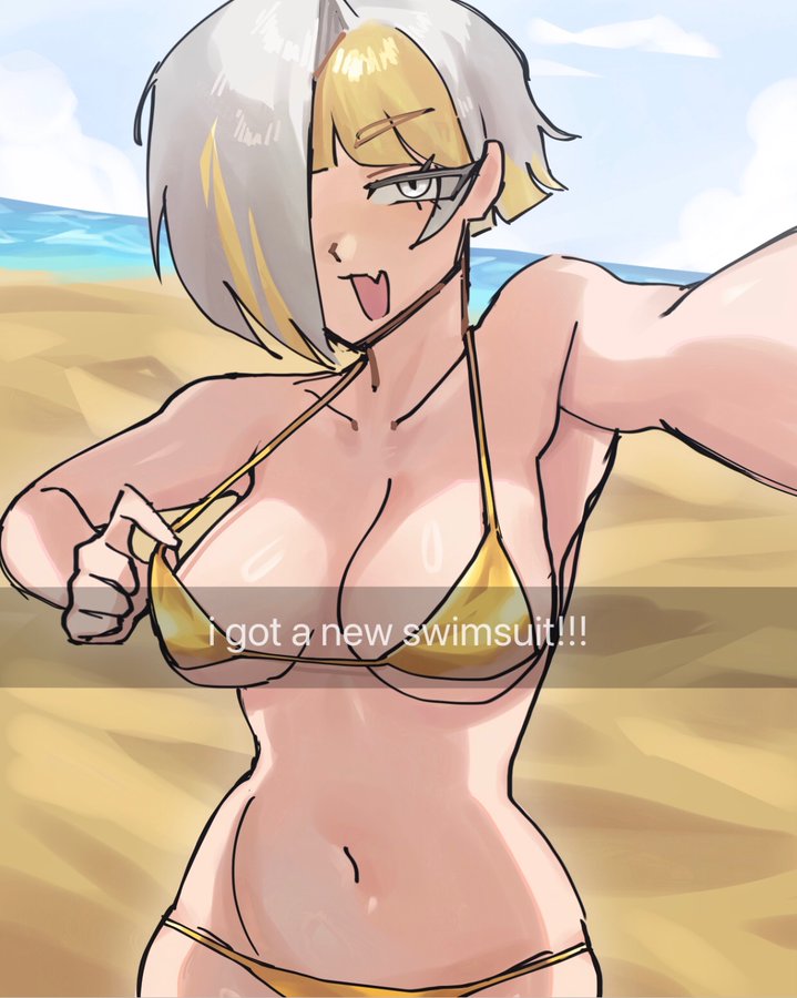 1girl, 1girls, armpit, armpits, arms up, belly, belly button, big breasts, bikini, bikini bottom, bikini top, breasts, camera, camera pov, catnamedmojaved, child bearing hips, collarbone, female, female focus, female only, golden bikini, golden week, hips, holding, holding camera, holding object, kromer (limbus company), limbus company, looking at viewer, medium breasts, micro bikini, mouth open, multicolored hair, project moon, shoulders, solo, solo female, solo focus, stomach, string bikini, string panties, tagme, thick hips, white eyes, white hair, yellow hair