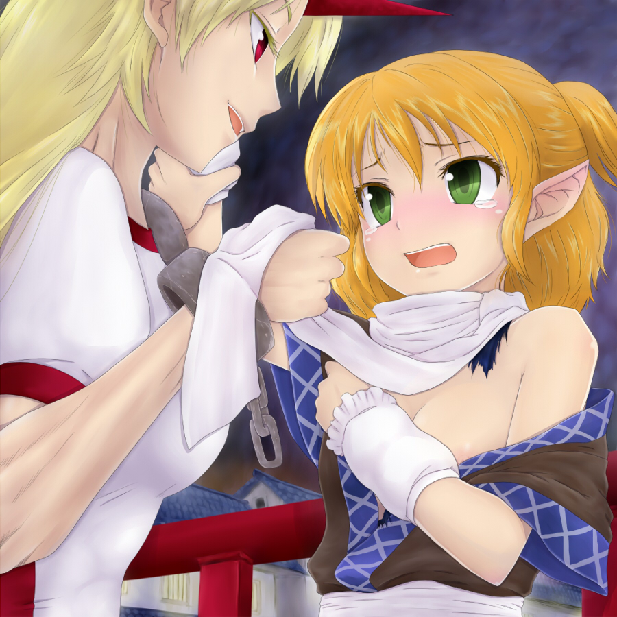 2girls bare_shoulders blonde_hair breasts chains chikado clothed_rape color cuffs female flat_chest forced_exposure green_eyes horn horns hoshiguma_yuugi imminent_rape manacles mizuhashi_parsee molestation multiple_girls open_mouth pointy_ears red_eyes scarf small_breasts tears torn_clothes touhou yuri