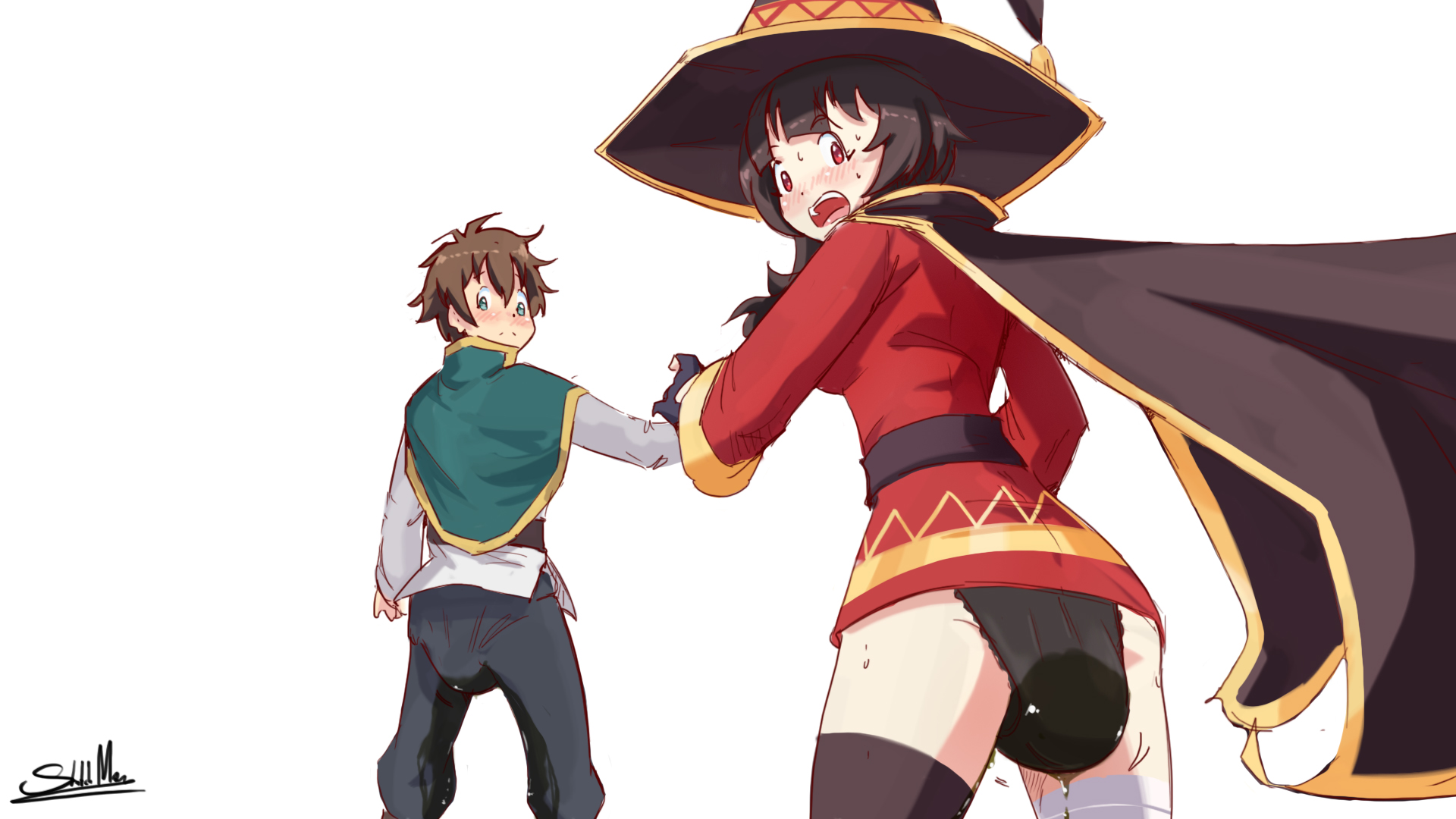 1boy, 1girl, both sexes in same situation, brown, brown hair, konosuba, megumin, messy panties, red eyes, satou kazuma, scat, shitting self, sketchmandl, soiling