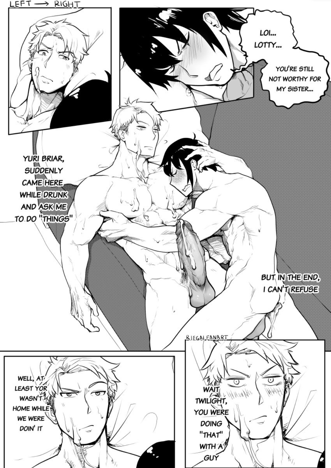 2boy, after anal, after sex, english, english dialogue, english text, gay, grayscale, greyscale, laying down, laying on couch, loid forger, male, male only, male/male, masculine, spy x family, yaoi, yuri briar