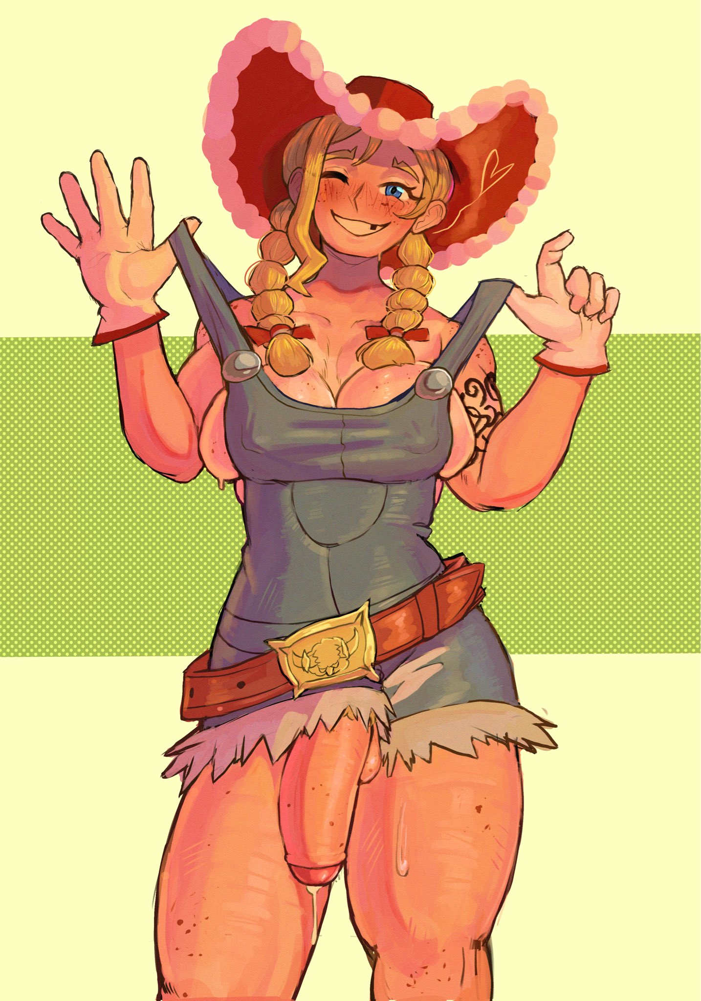 1futa, big breasts, big dick, big penis, blonde hair, blue eyes, breasts, clothed, clothing, cowgirl, cum, cum drip, flaccid, futa, futa only, futanari, game freak, hat, hiddenfuchsia, human, kitt (pokemon), large penis, light skin, light-skinned futa, mostly clothed, nintendo, overalls, penis, penis through leghole, pokemon, pokemon champions, rucola (pokemon), smile, solo, solo futa, tan skin, tanline