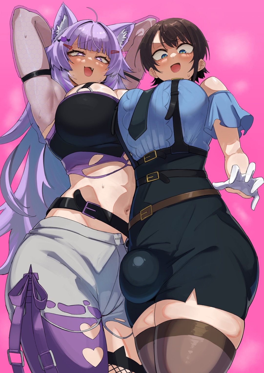 1futa, 1girls, ahoge, animal ears, arms behind head, arms up, belt, big breasts, black necktie, black skirt, black tube top, blue eyes, blue shirt, blunt bangs, blush, breasts, brown hair, brown thighhighs, bulge, cat ears, cat girl, cat tail, clothed, clothing, clothing cutout, fang, female, fishnet thighhighs, fishnets, from below, fully clothed, futanari, gloves, hair ornament, highres, hololive, hololive gamers, hololive japan, large breasts, light skin, light-skinned female, light-skinned futa, long hair, looking at viewer, necktie, nekomata okayu, nekomata okayu (personya respect), nuezou, official alternate costume, official alternate hairstyle, oozora subaru, oozora subaru (police), open mouth, pencil skirt, pink background, police, police uniform, policewoman, purple eyes, purple hair, see-through clothes, see-through shrug, shiny skin, shirt, short hair, shorts, shoulder cutout, shrug (clothing), single leg pantyhose, skirt, standing, steaming body, strapless, sweat, swept bangs, tail, thighhighs, thighs, torn clothes, torn shorts, tube top, virtual youtuber, white gloves