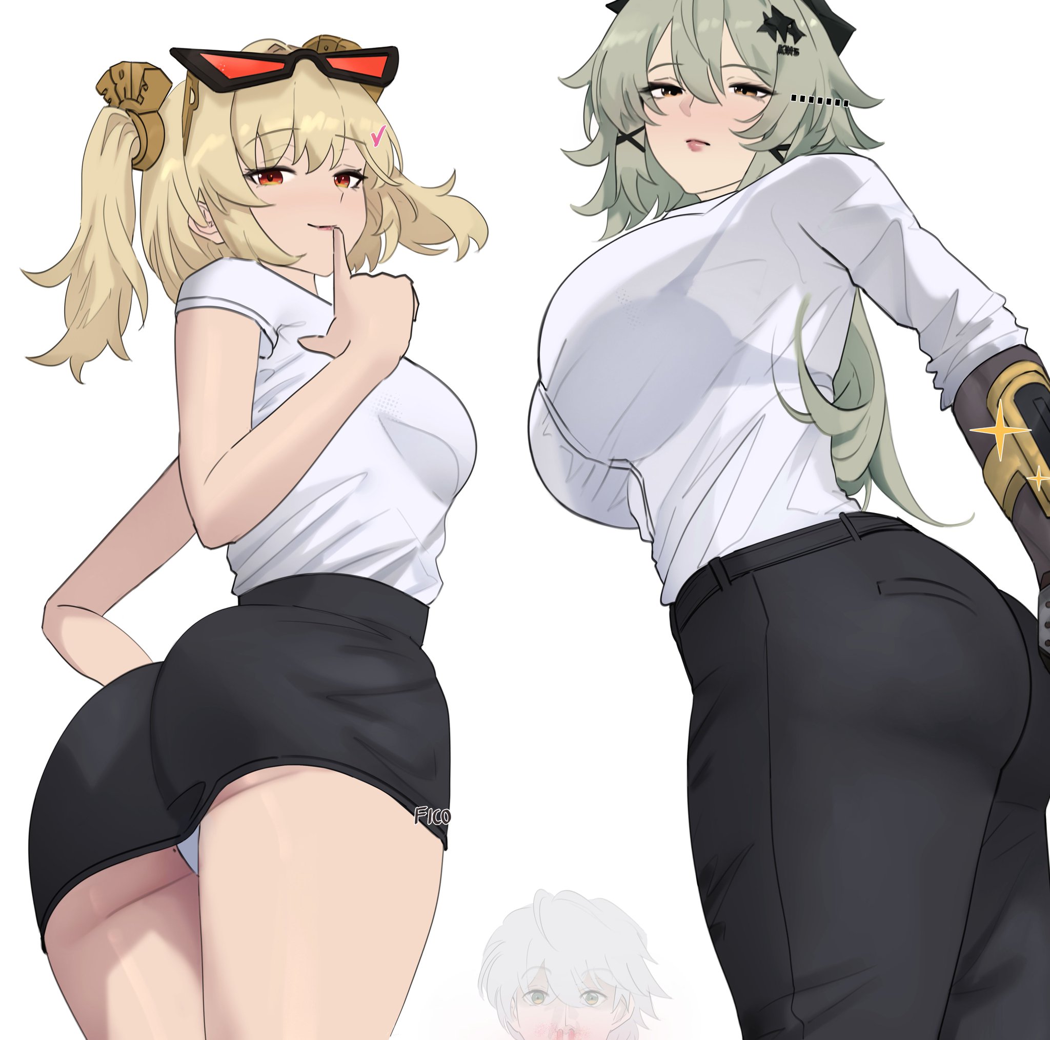 1boy, 2girls, ass, ass focus, big ass, big breasts, blonde, blonde female, blonde hair, blonde-haired female, breasts, burnice white, caesar king, ficoemirrio, grey hair, hoyoverse, long hair, mihoyo, office lady, panties, pantyshot, pantyshot (standing), short hair, underwear, upskirt, white panties, white underwear, wise (zenless zone zero), zenless zone zero