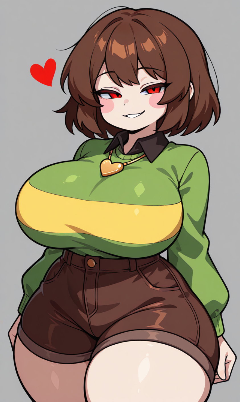 ai generated, big boobs, big breasts, big hips, big thighs, big tits, boobies, boobs, breasts, chara, chara (undertale), heart, heart symbol, hips, honeybunn14, looking at viewer, seductive, seductive expression, seductive eyes, seductive look, seductive smile, thighs, tits, titties, undertale