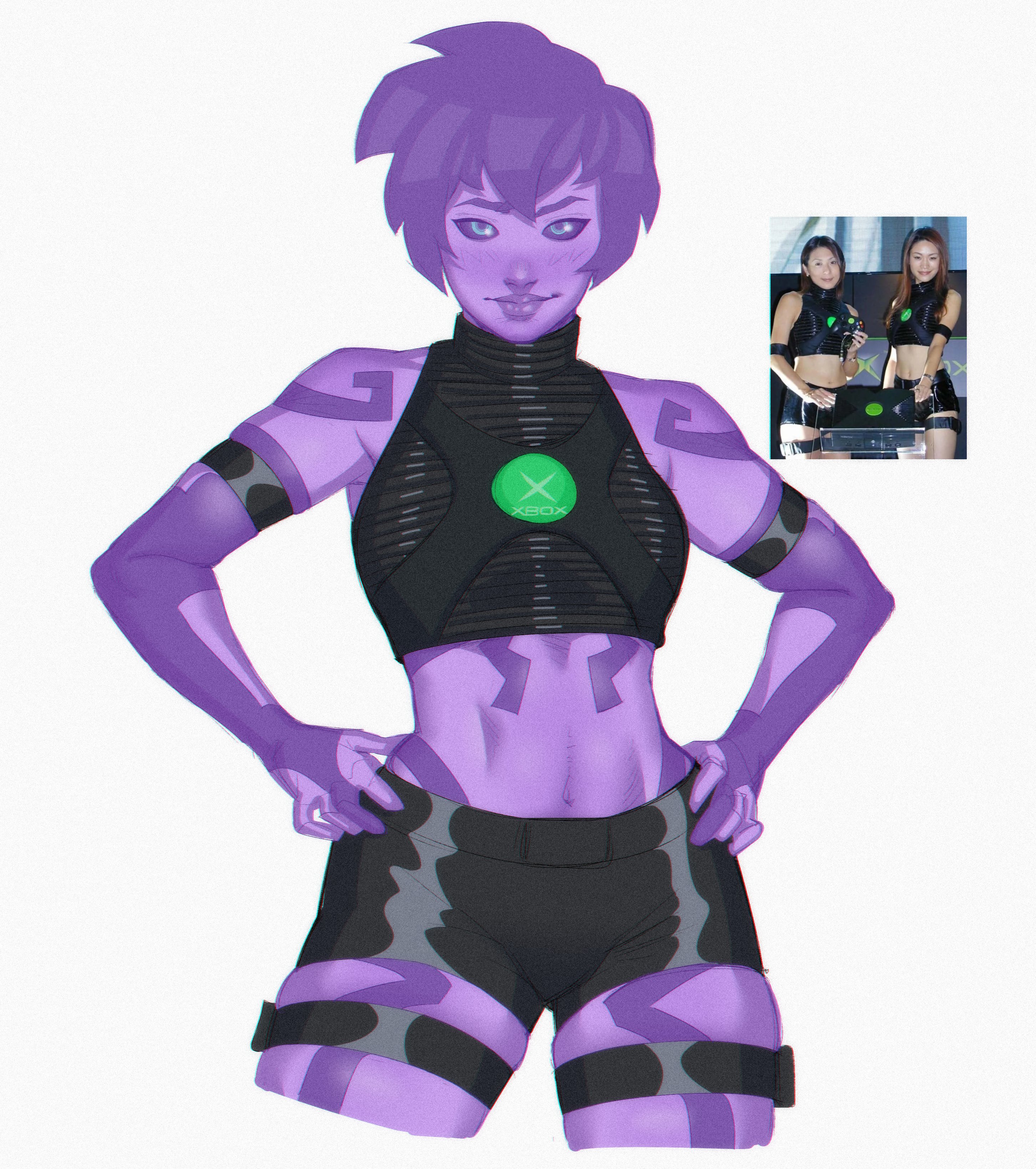 1girls, asian female, belt, bicep strap, blue eyes, blush, body markings, booth babe, breasts, bungie, cortana, cortana v1, crop top, halo (series), halo ce, lips, looking at viewer, lowpolybrain (artist), microsoft, midriff, navel, purple hair, purple lips, purple sclera, reference inset, shorts, simple background, skindentation, thick thighs, thigh squish, thigh strap, thighs, white background, xbox, xbox booth babe outfit