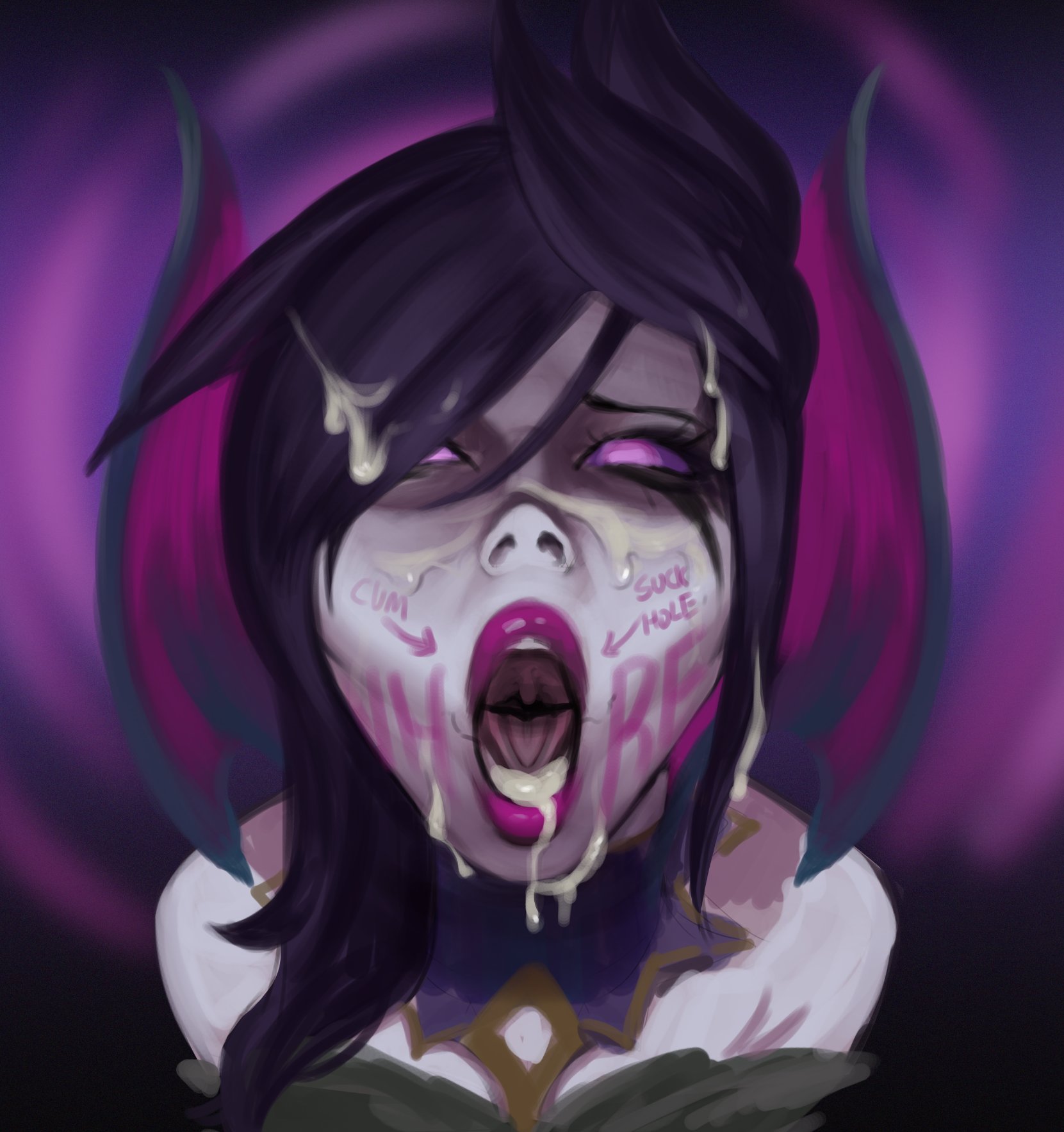 after oral, body writing, body writing (whore), cum, cum drip, cum in mouth, cum on face, degradation, female, free use, hole spelling, imminent oral, inviting, league of legends, mind control, morgana, open mouth, pink eyes, stray pubic hair, tagme, weakj, writing on face, writing on face (whore)