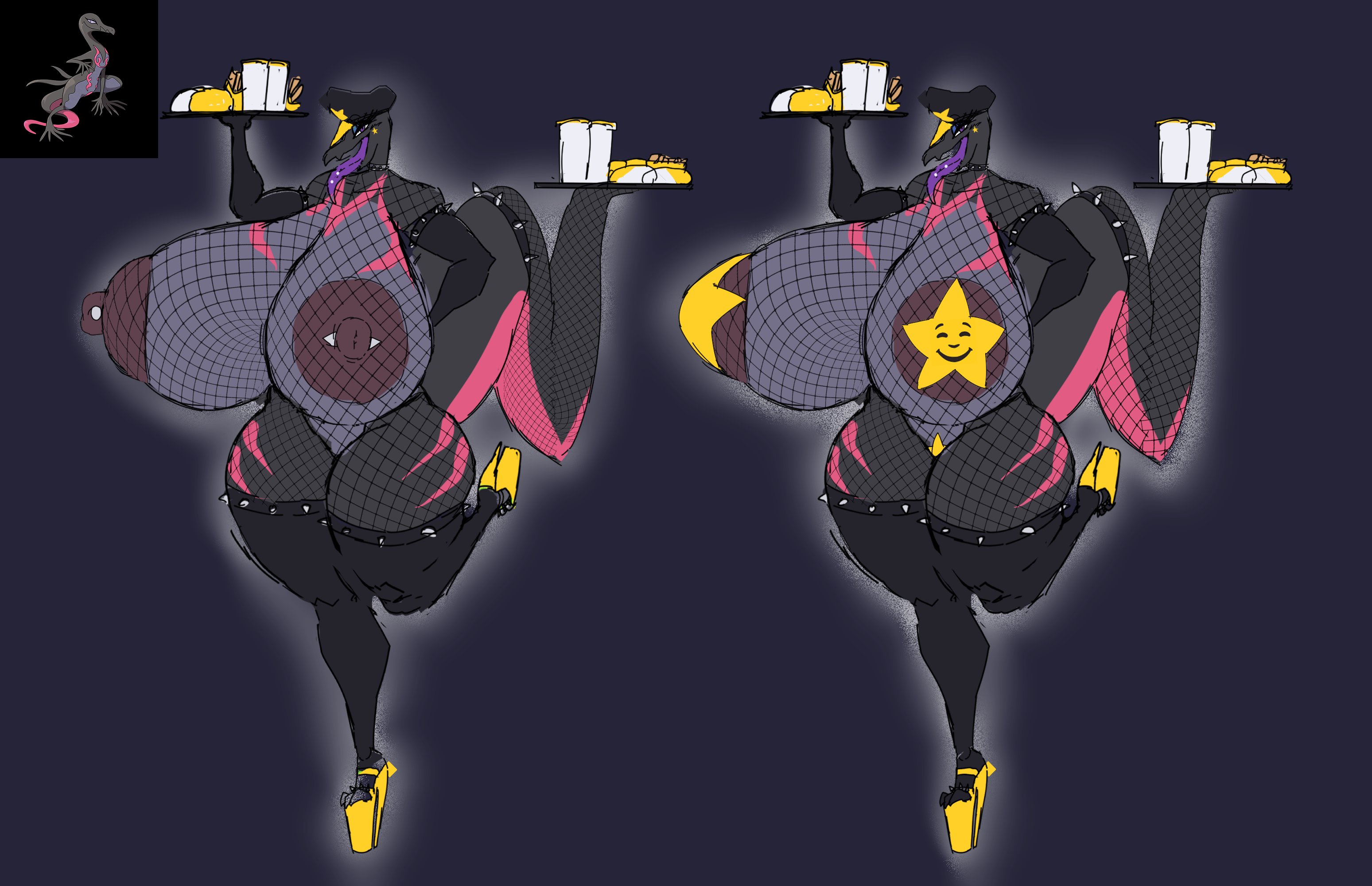 anthro, anthro female, anthro only, anthrofied, areola, areolae, big areola, big areolae, big areolas, big boobs, big breasts, boobs, boobs bigger than head, breast bigger than head, breasts, breasts out, carls jr, curvaceous, curvy, curvy body, curvy female, curvy figure, curvy hips, female, female anthro, female only, gigantic breasts, huge, huge areola, huge areolae, huge areolas, huge boobs, huge breasts, image sample, large boobs, large breasts, leg up, long tail, massive areolae, massive boobs, massive breasts, pasties, pierced nipples, piercing, piercings, pokemon, pokemon (species), reptile, reptile girl, reptilian, revifrry, salazzle, solo, solo anthro, solo female, star, star pasties, thigh highs, thighhighs, thighs, thighs together, tongue out, voluptuous, voluptuous anthro, voluptuous breasts, voluptuous female