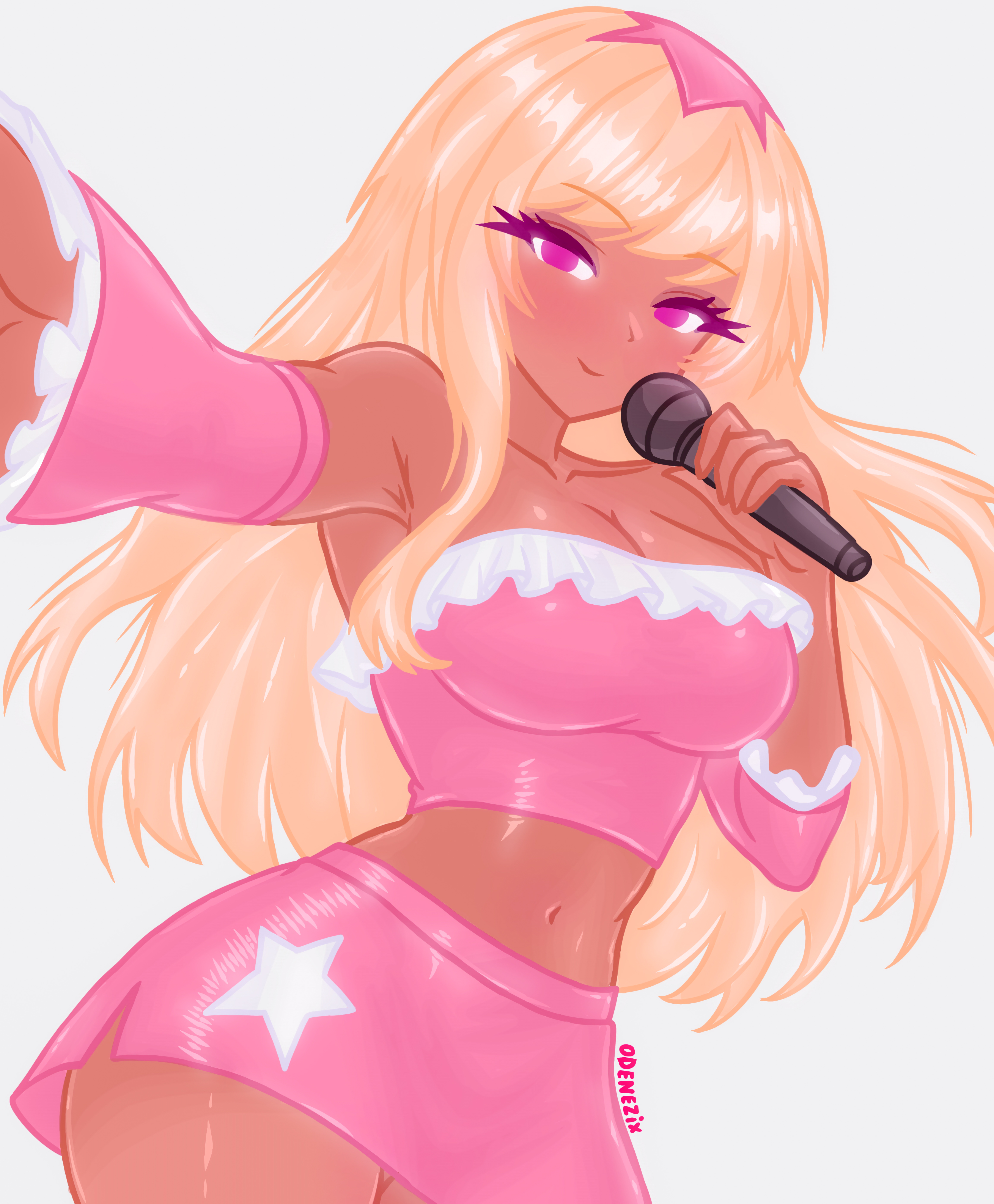 blonde hair, breasts, clothing, cute, female, female focus, female only, helluva boss, high quality, human verosika mayday, latina, odenezix, simple background, skirt, smile, tagme, verosika mayday (helluva boss)
