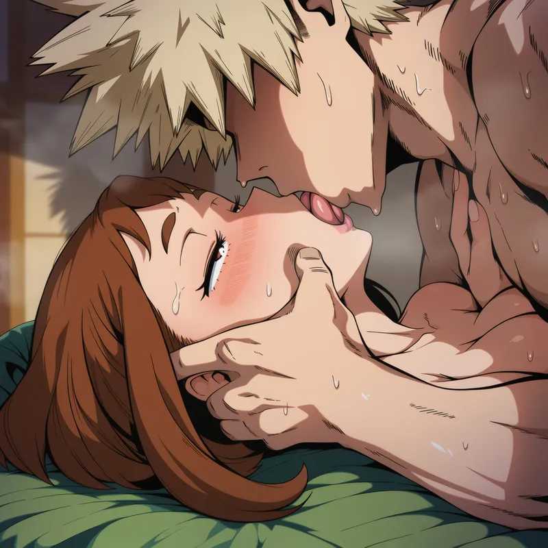 1boy, 1girls, ai generated, blonde hair, blonde-haired male, breast press, brown hair, brown-haired female, cucked by bully, holding head, katsuki bakugou, kissing, my hero academia, necromancer893, netorare, nude, ochako uraraka, teenage girl, teenager, tongue kiss