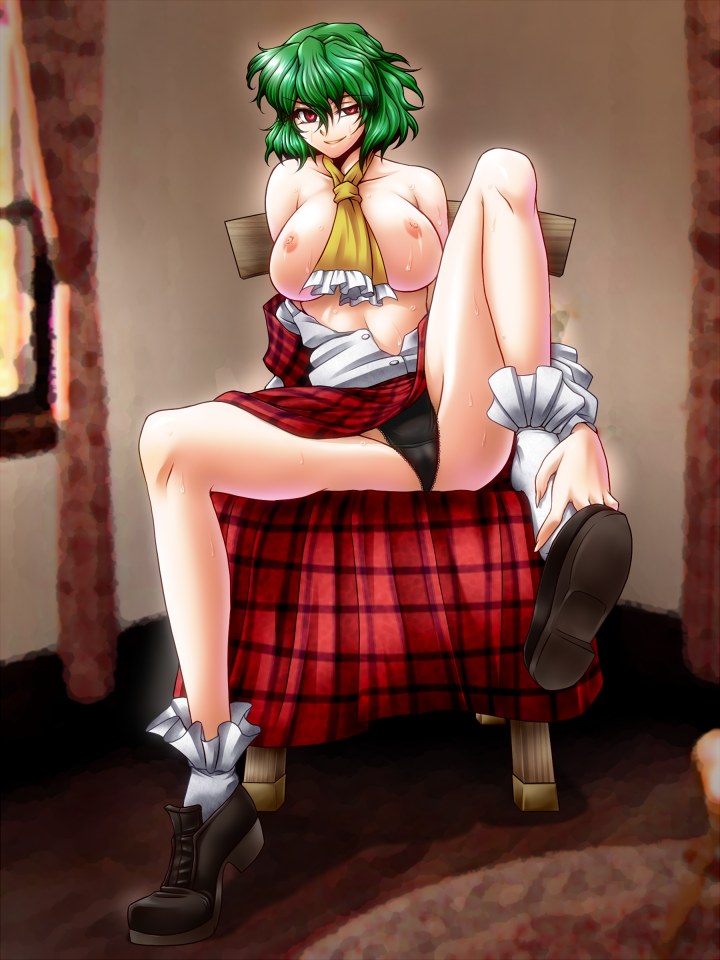 bad_proportions black_panties breasts cravat green_hair large_breasts naughty_face nipples off_shoulder ootsuki_wataru open_clothes open_shirt panties plaid plaid_skirt plaid_vest red_eyes shirt shoe_dangle short_hair skirt skirt_lift skirt_set sweat touhou underwear youkai yuka_kazami