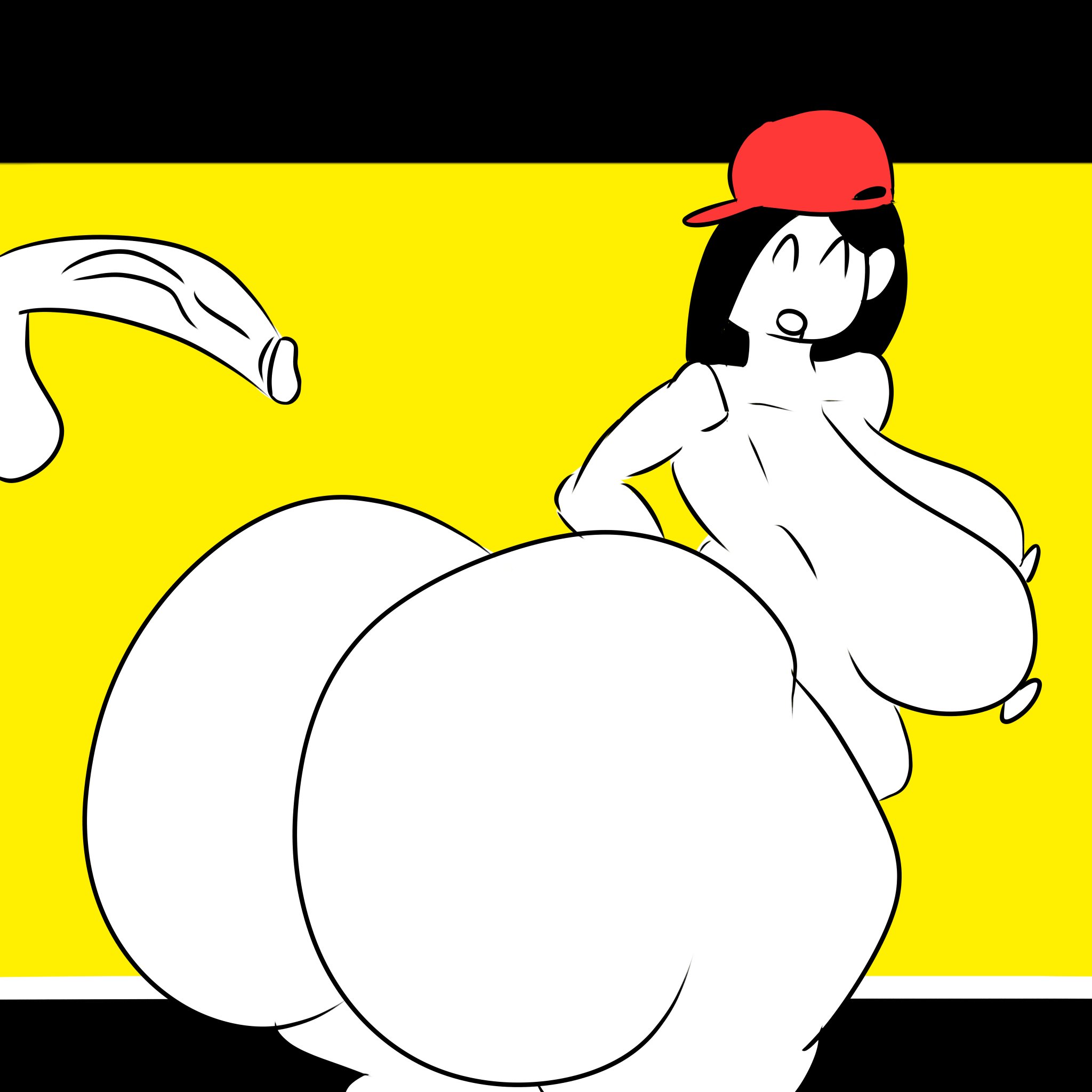 1girls, ass, ass focus, black hair, breasts, butcher vanity (synthesizer v), disembodied penis, eyes closed, female, flat colors, hyper, hyper ass, limited palette, looking at viewer, nude, nude female, qlrightx, red hat, vimalion pro, yi xi (synthesizer v)