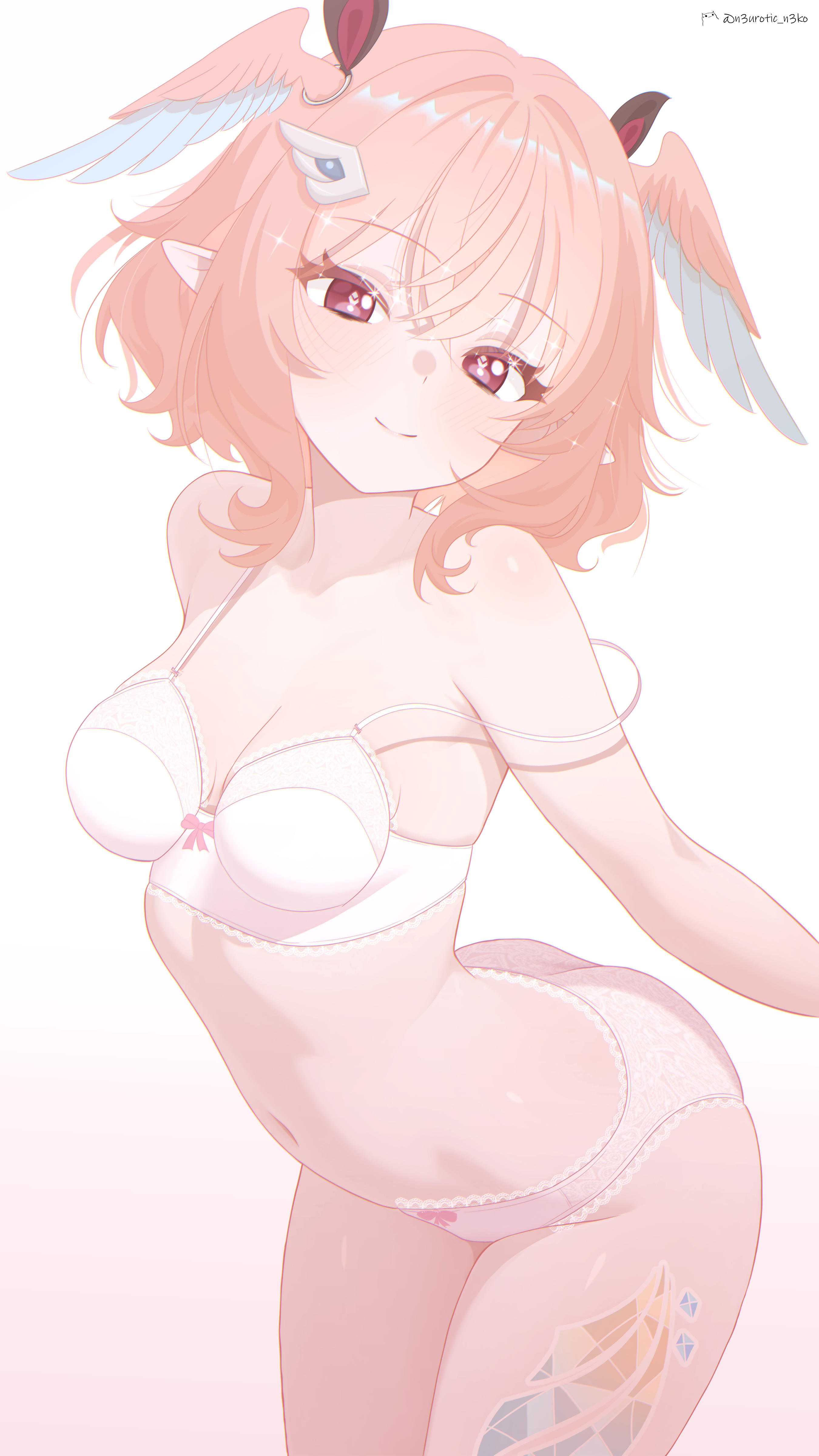 1girl, 1girls, bangs, blush, breasts, genshin impact, head wings, linnea (genshin impact), looking at viewer, navel, neurotic neko, panties, pointy ears, simple background, smile, solo, underwear, white background