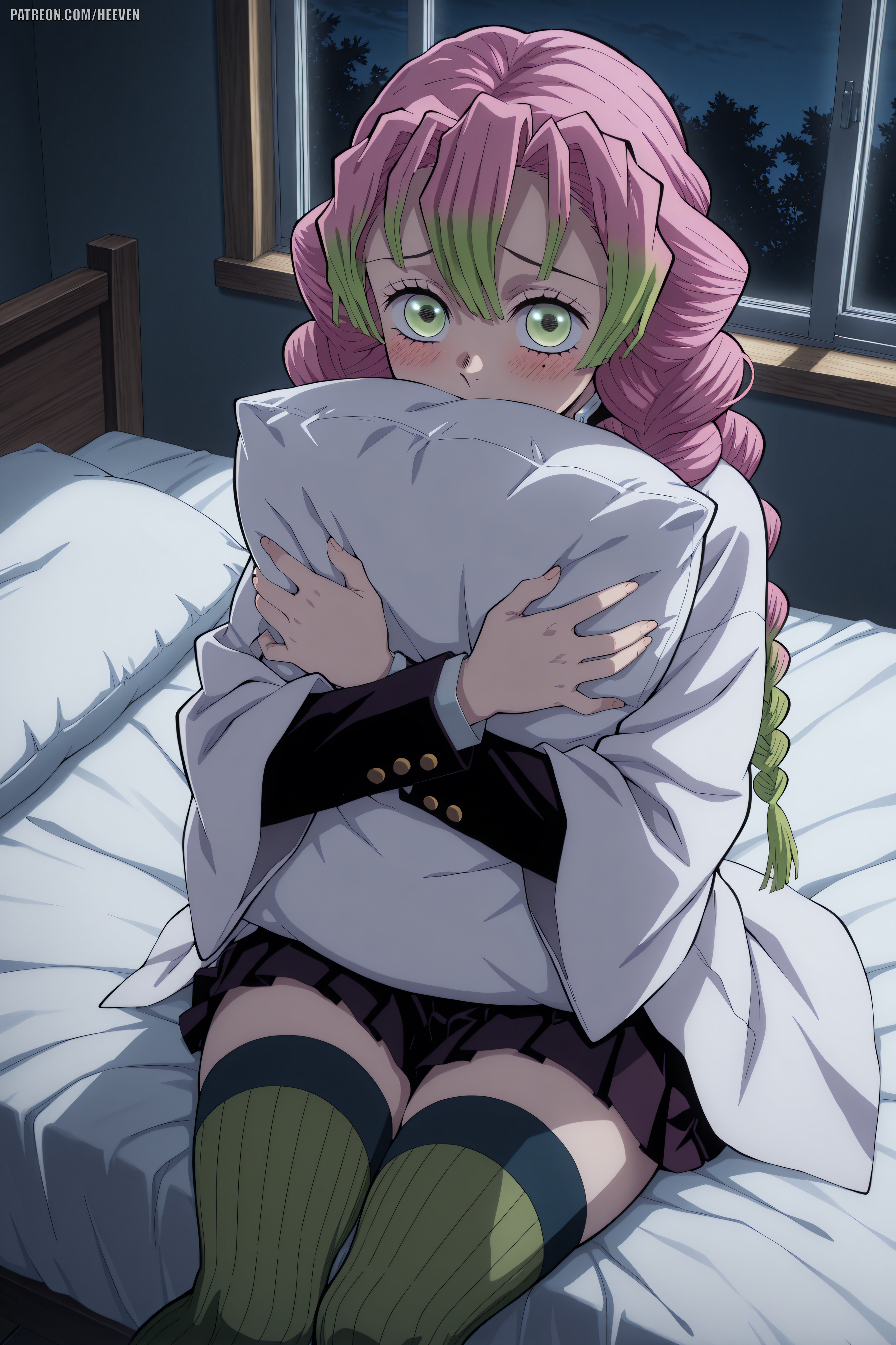 1boy, absurdres, adult, ai generated, big breasts, breasts, demon slayer, heeven, highres, kanroji mitsuri, kimetsu no yaiba, mature, mitsuri kanroji, perfect body, pillow, pillow hug, sitting on bed, uncensored