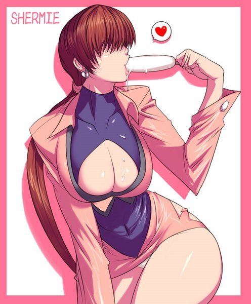 breasts, cleavage, cleavage cutout, female, food, ice cream, king of fighters, latex, pantyshot, pantyshot (sitting), popsicle, red hair, sawao, sexually suggestive, shermie (kof), snk, sucking, thick thighs, thighs