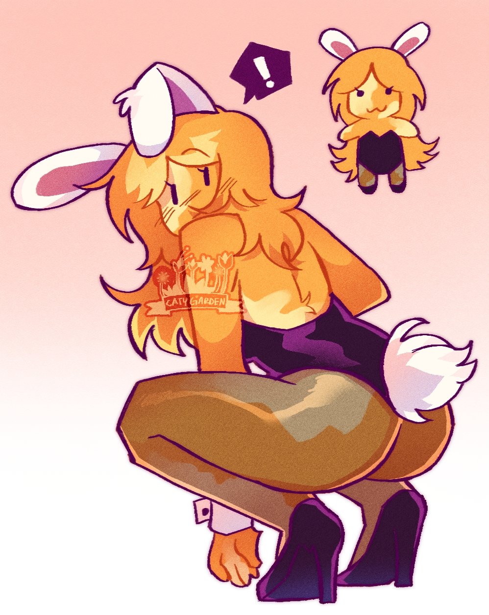 !, 1girl, anthro, artist signature, ass, ass focus, back view, black heels, black tights, blush lines, bubble ass, bubble butt, bunny ear, bunny ears, bunny tail, bunnysuit, butt, catygarden, chibi, covered mouth, curtain bangs, cute, female, female only, fur, high heels, long hair, looking at viewer, looking back, looking back at viewer, open back, orange fur, orange hair, orange skin, simple background, speech bubble, squatting, surprised, tights, twitter username, vitiligo, watermark