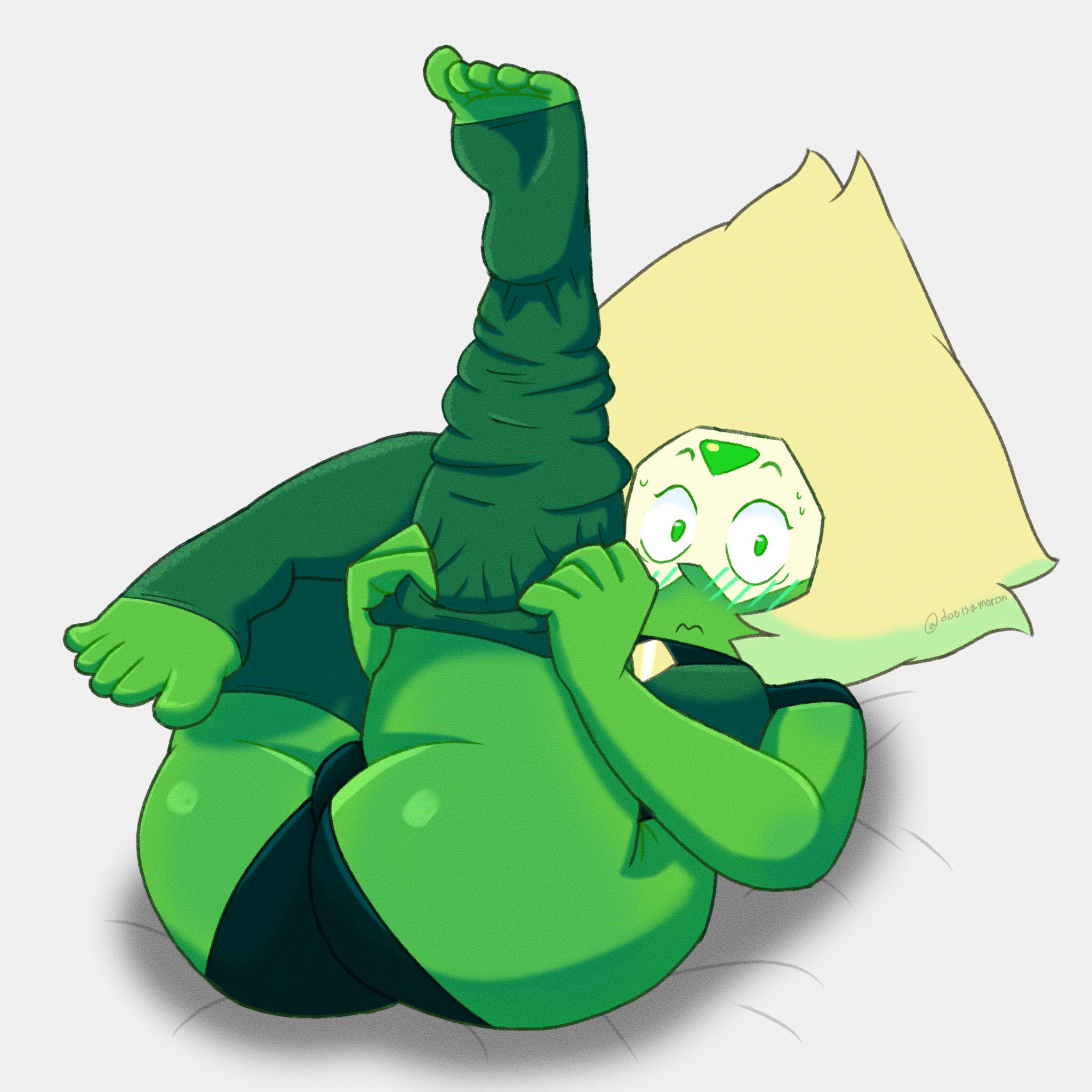 1girls, 2026, 2d, ass, ass focus, blonde hair, blush, blush lines, blushing, dotautismo, dressing, feet, female, female only, gem, gem (species), glasses, green body, green eyes, green thighhighs, hair, legs up, legwear, looking at viewer, lying, lying on back, panties, peridot (steven universe), pussy bulge, socks, solo, solo female, steven universe, stirrup legwear, stockings, tagme, thighhighs, twitter link, visor, yellow hair