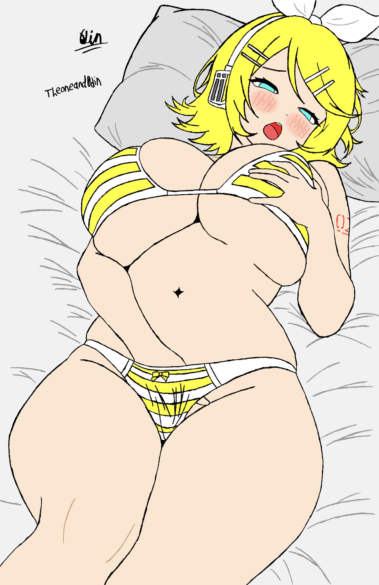 aroused, blush, female masturbation, flat colors, grabbing own breast, horny, horny female, huge breasts, in heat, kagamine rin, lying on back, lying on bed, theoneand0din, thick thighs, vocaloid, wide hips