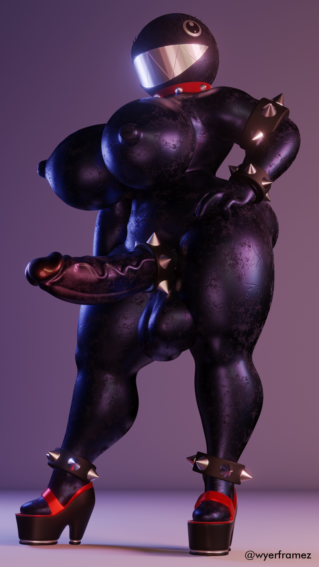 1futa, 3d, anthro, ass, balls, big ass, big breasts, big penis, black skin, breasts, chain chomp, collar, fat ass, futa focus, futanari, high heels, humanoid, intersex, mario (series), penis, showing off, solo, spiked collar, spikes, tagme, thick thighs, thunder thighs, wyerframez