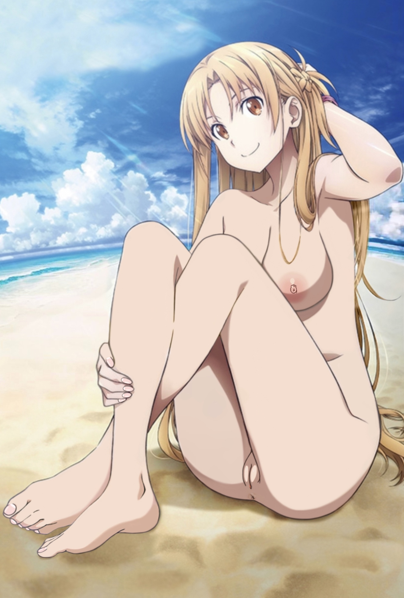 anus, beach, feet, female, nipples, nude filter, pussy, sword art online, yuuki asuna