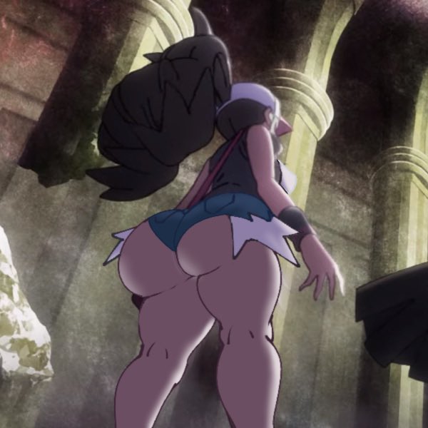 1girls, ass, ass hanging out of shorts, big, big ass, booty shorts, brown hair, bubble butt, fat ass, female, hilda (pokemon), huge ass, large ass, long hair, minishorts, nintendo, pokemon, pokemon bw, screenshot, screenshot edit, short shorts, shorts, solo, thecon, thick ass, thick thighs, thighs