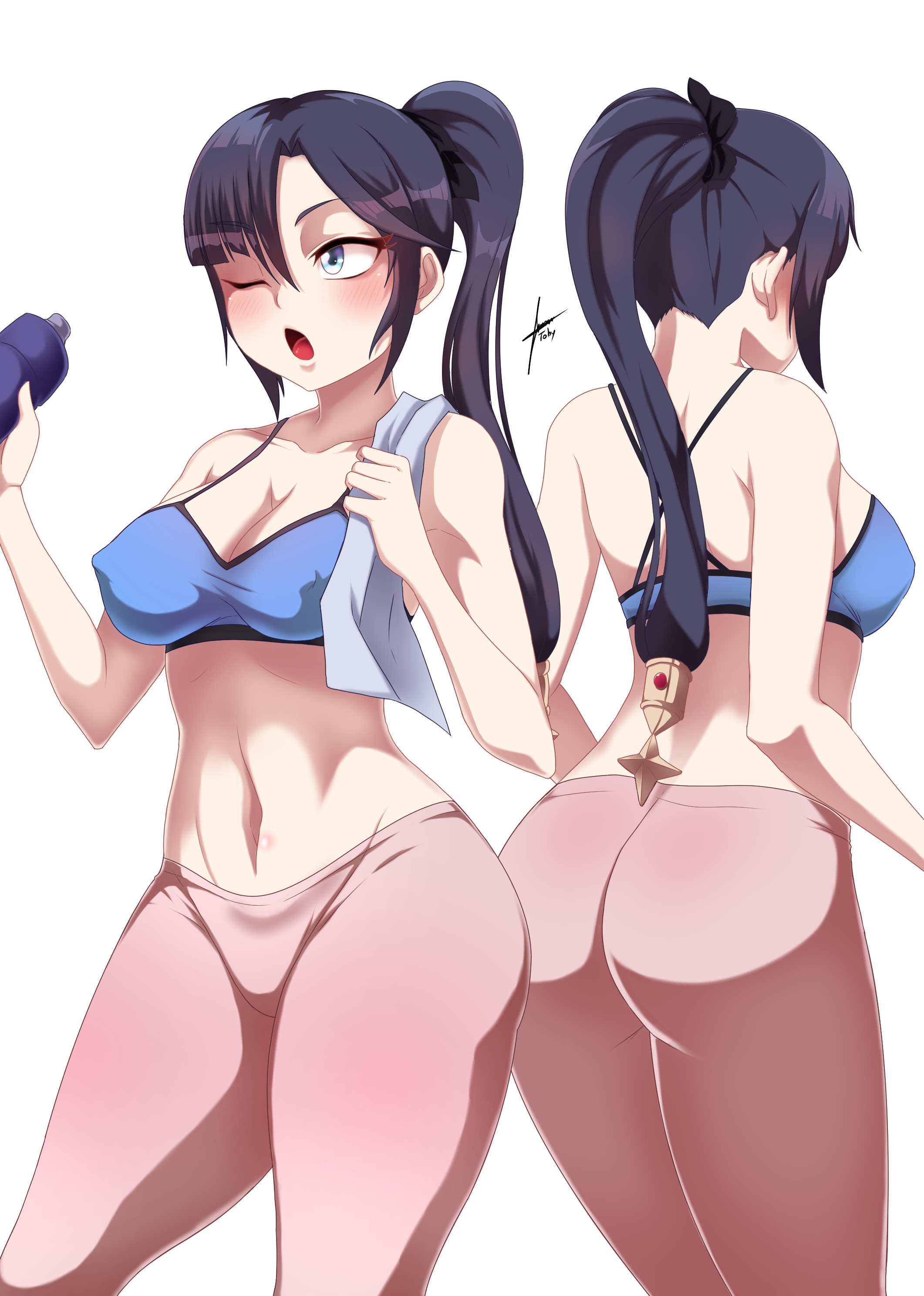 1girls, ass, breasts, cleavage, clothed, clothing, female, female only, genshin impact, gym clothes, leggings, midriff, mona (genshin impact), ponytail, sports bra, tobyllitos, yoga pants