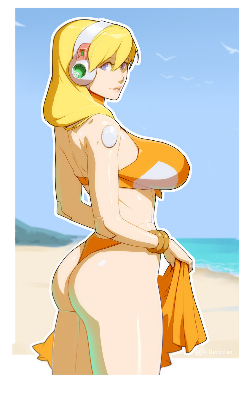 1girls alia ass beach bikini blonde_hair boobs_and_butt_pose bra bracelet breasts clothed headphones ictiwinter knot looking_at_viewer looking_back materclaws mega_man mega_man_x panties parted_lips purple_eyes reploid robot robot_girl robot_joints seagull smiling solo swimsuit thong towel