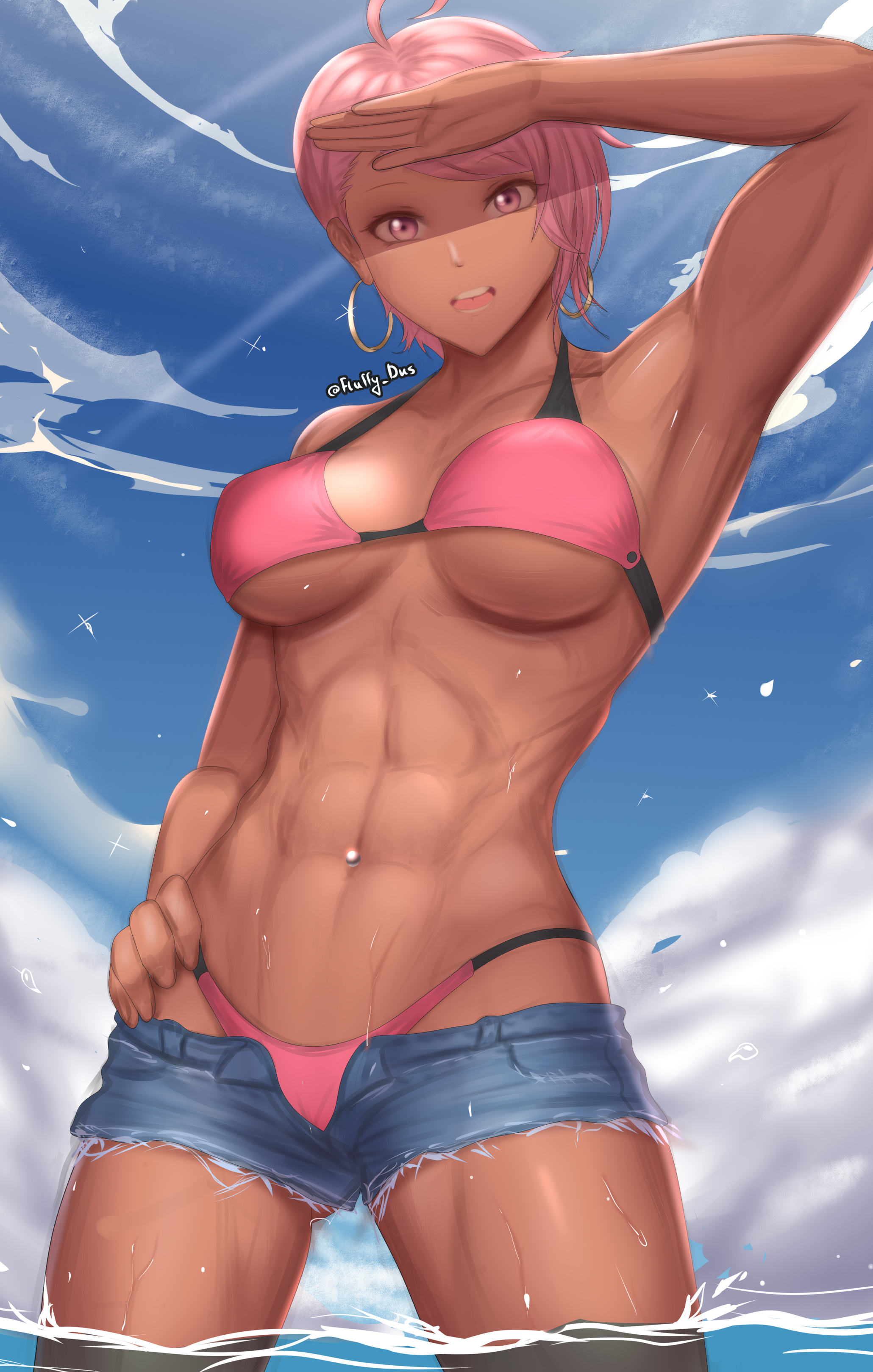 1girls, abs, absurdres, alternate version available, bikini, bikini bottom, bikini top, blue sky, breasts, cloud, covered nipples, covered pussy, dark skin, dark-skinned female, earrings, female, fit, fit female, fluffydus, gyaru, hand on hip, hand on own hip, highres, jean shorts, medium breasts, midriff, navel piercing, nipples, original, partially submerged, piercing, pink bikini, pink bikini bottom, pink bikini top, pink eyes, pink hair, pussy, short hair, six pack, sky, tan, tan body, tan skin, tanned, tanned female, tanned skin, tomboy, toned, toned female, uncensored, very short hair, water, yuna (fluffydus)