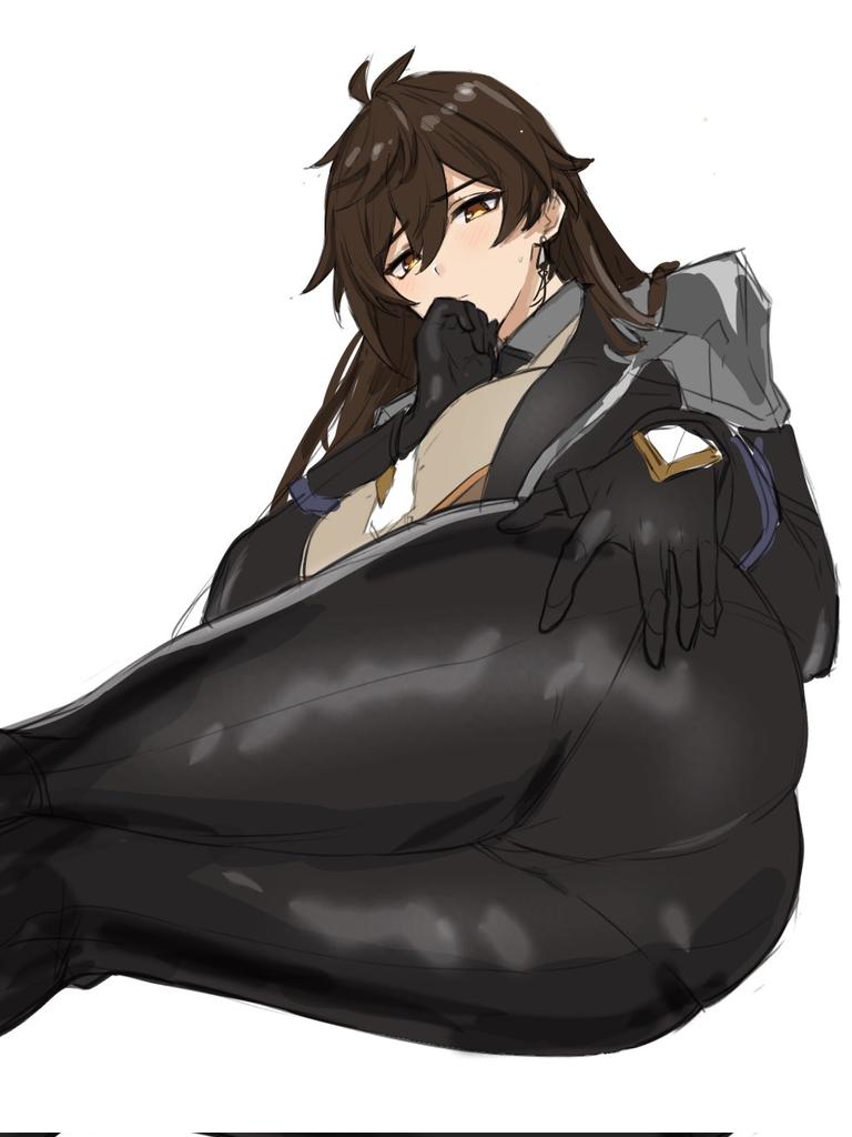 1girls, ass, bangs, black gloves, black pants, blush, breasts, brown hair, earrings, female, female only, genderswap, genderswap (mtf), genshin impact, gloves, jacket, jewelry, large breasts, long hair, long sleeves, looking at viewer, lying, on side, pants, pe1077, rule 63, simple background, single earring, solo, sweat, white background, yellow eyes, zhongli (genshin impact), zhongli jiejie