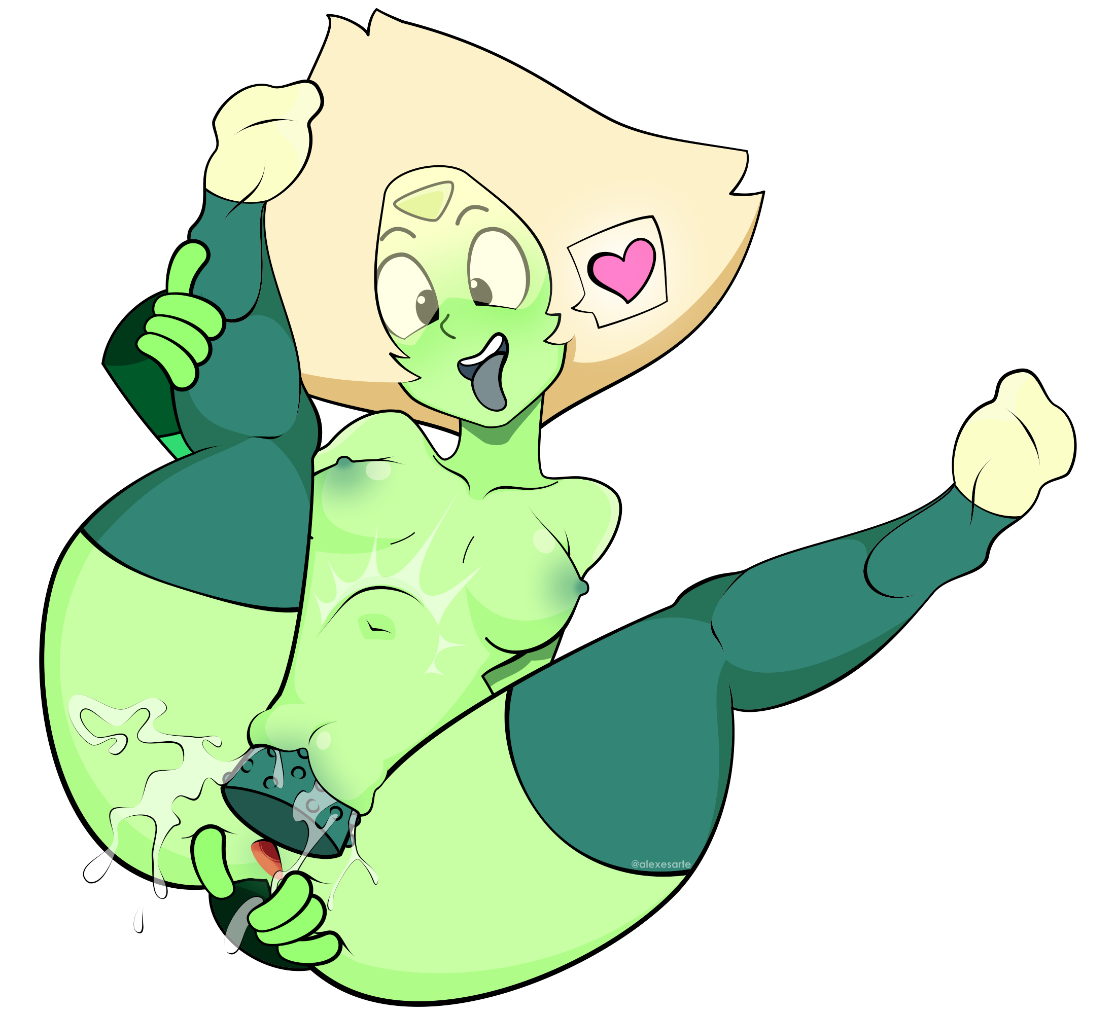 2021, alexesarte, black eyes, color, commission, digital media (artwork), dildo, female, female masturbation, female only, green hair, green skin, large insertion, masturbation, peridot (steven universe), pussy, sex toy, socks, solo, solo female, spread anus, squirting, steven universe, stomach bulge, thighhighs, tongue, tongue out, vaginal penetration, visor