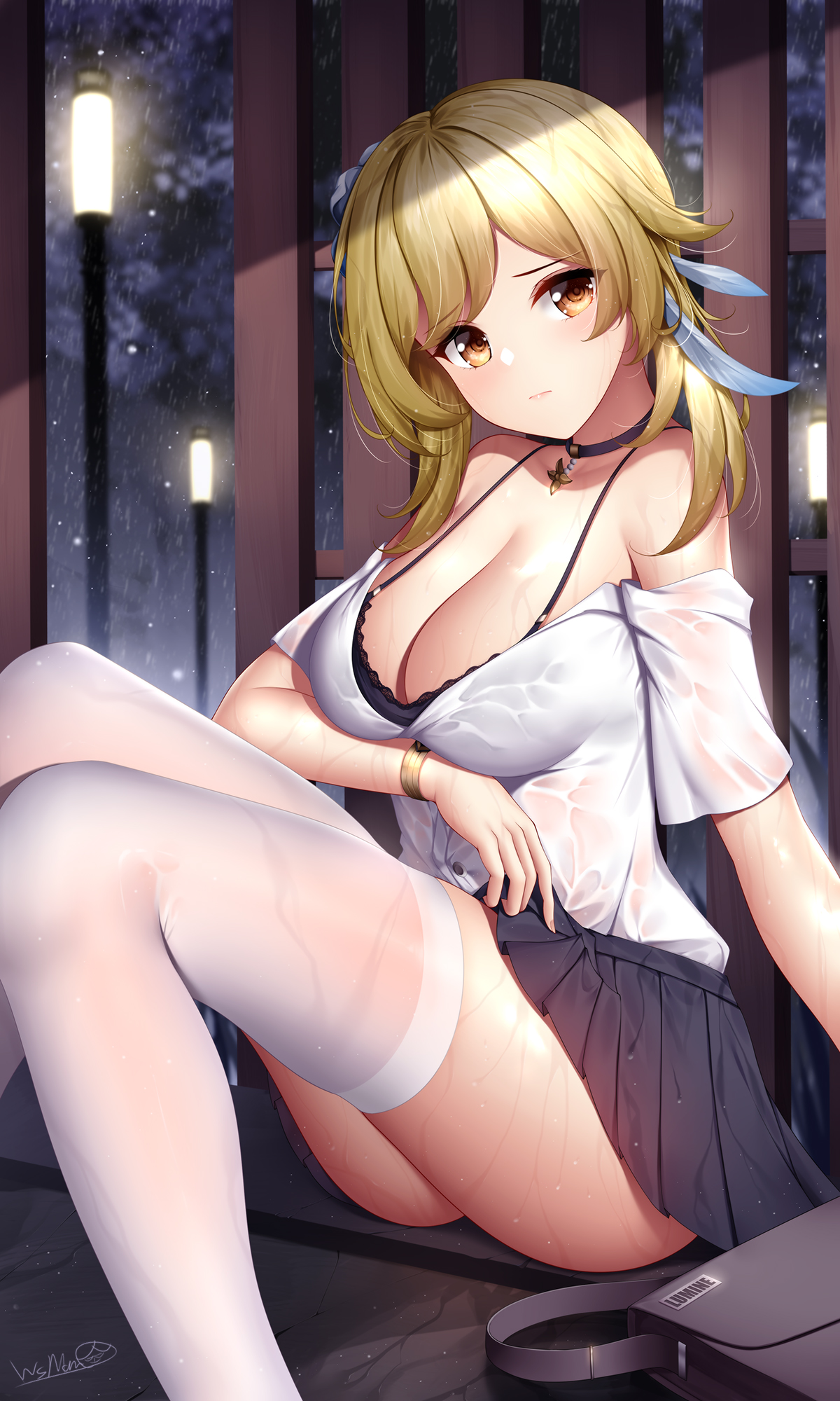 1girls, blonde hair, blush, bra, bracelet, breasts, choker, cleavage, female, female only, genshin impact, hair ornament, light skin, light-skinned female, lumine (genshin impact), rain, sitting, skirt, thighs, wet clothes, white thighhighs, wsman, yellow eyes, young