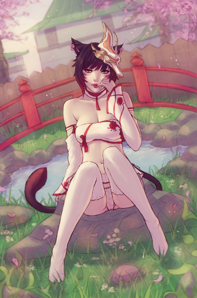 1girls 2017 animal_ears bare_shoulders black_hair breasts building cat_ears cat_tail cherry_blossoms cleavage detached_collar detached_sleeves earrings final_fantasy final_fantasy_xiv gradient_hair green_eyes jewelry looking_at_viewer marie_makise medium_breasts miqo'te multicolored_hair outdoors pale_skin panties pantyshot parted_lips pond short_hair sitting skirt slit_pupils solo soranamae tail thighhighs underwear