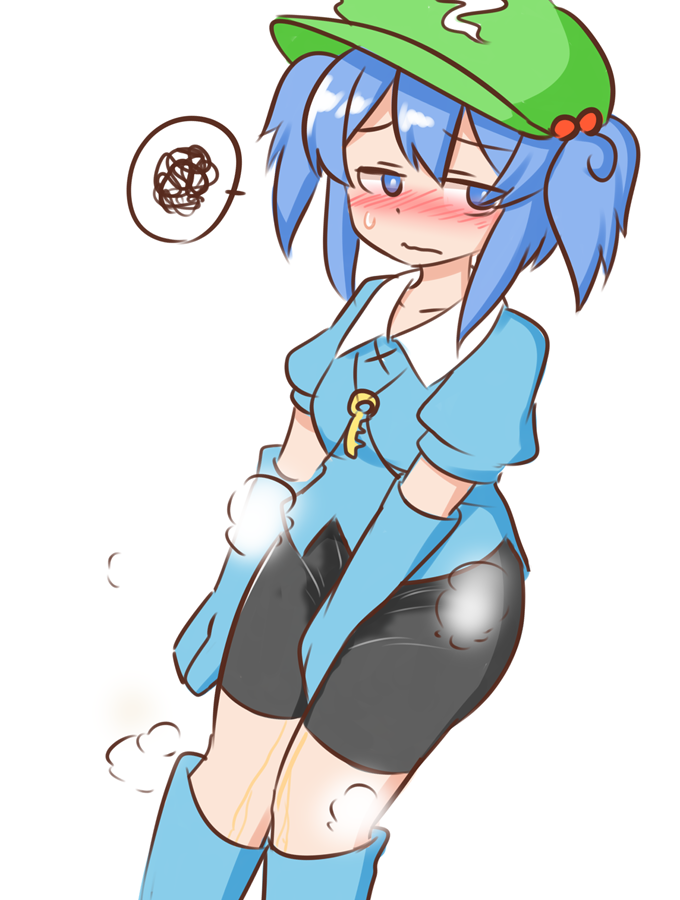 nitori_kawashiro peeing tagme touhou urination urine water_noodle white_background