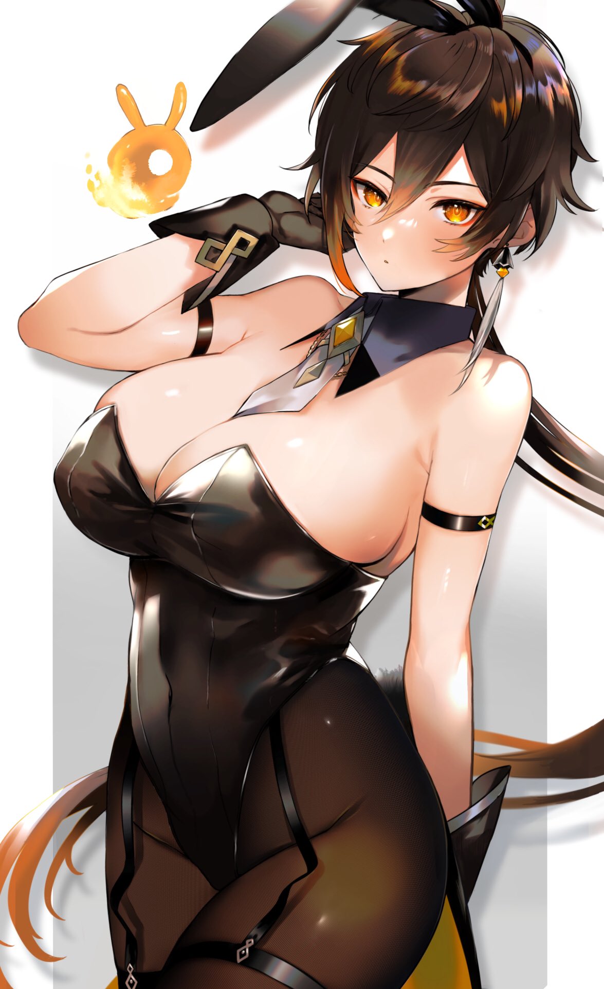 animal_ears arm_up bangs black_gloves black_hair black_legwear black_leotard breasts brown_hair cleavage commentary_request detached_collar earrings fake_animal_ears female garter_straps genderswap_(mtf) genshin_impact gloves gradient_hair highres jewelry large_breasts leotard long_hair multicolored_hair orange_eyes pantyhose playboy_bunny rabbit_ears rule_63 seelie_(genshin_impact) shikke_gnsn simple_background single_earring very_long_hair zhongli_(genshin_impact) zhongli_jiejie