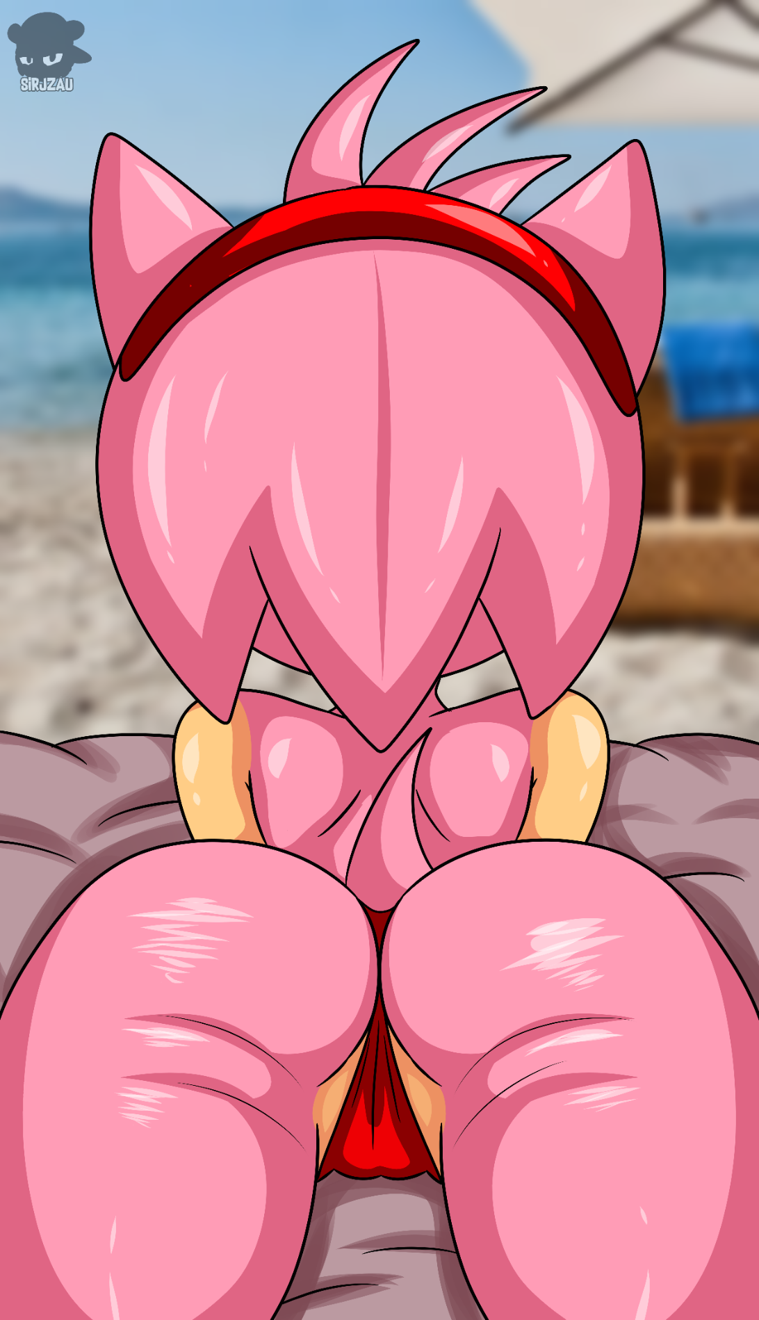 amy rose, anthro, ass, ass focus, beach, beach umbrella, big ass, big butt, butt focus, clothing, eulipotyphlan, female, genitals, hedgehog, hi res, humanoid, mammal, outside, panties, pink body, pink hair, pussy, rear view, sand, sea, seaside, sega, sirjzau, solo, sonic (series), sonic the hedgehog (series), swimwear, underwear, water