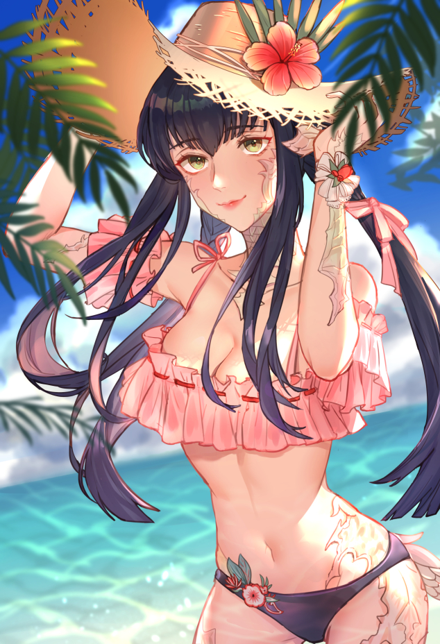 1girls au_ra bikini black_hair blue_sky breasts cleavage cloud day female final_fantasy final_fantasy_xiv flower hat horns lips long_hair looking_at_viewer medium_breasts navel ocean raen ribbon scales sidelocks sky smile solo swimsuit tail twintails water yellow_eyes yugiri_mistwalker