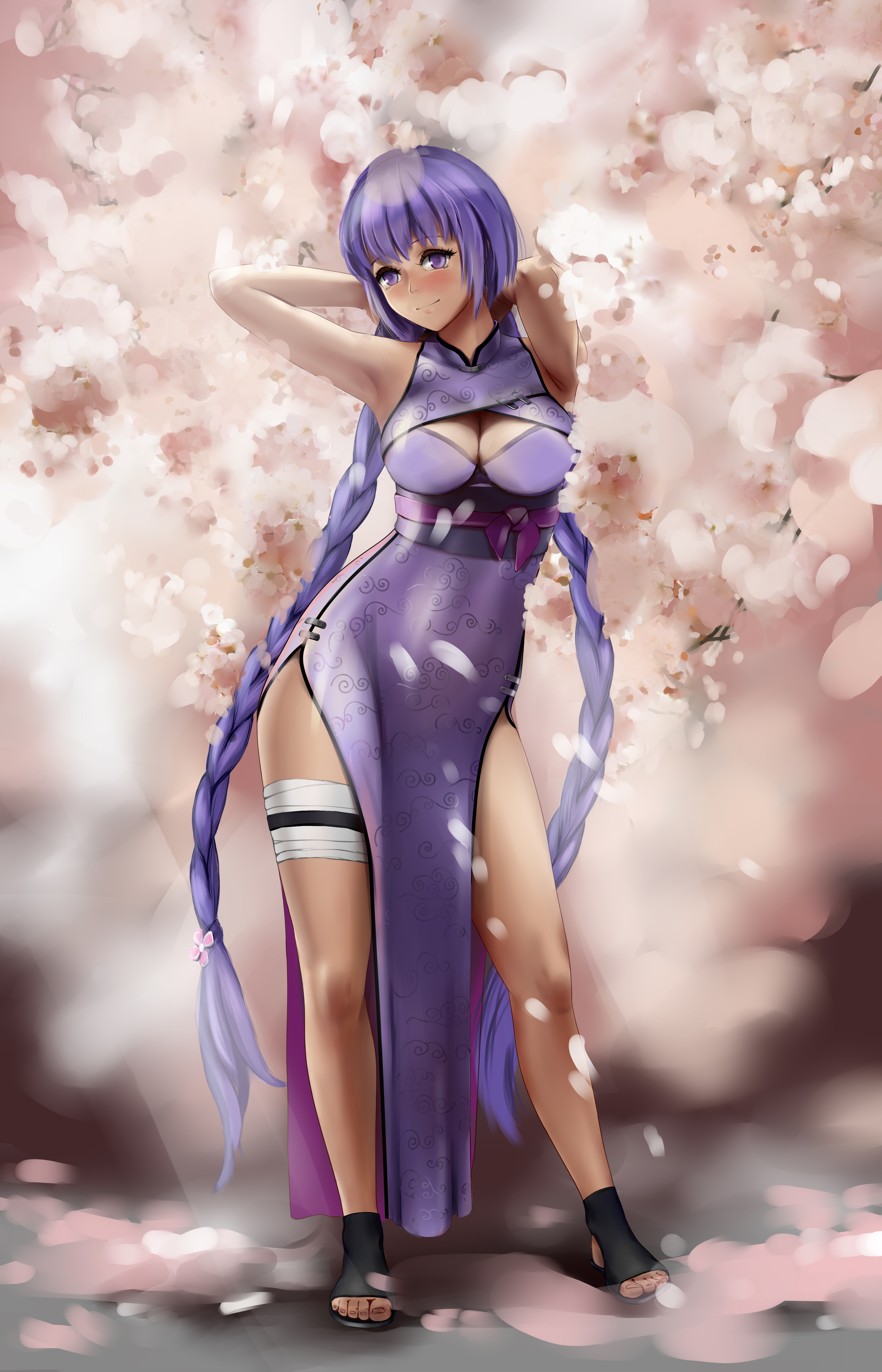 1girls, alternate costume, arms behind head, blunt bangs, boruto: naruto next generations, bra, braid, braided twintails, breasts, breasts out, china dress, chinese clothes, cleavage, cutout, dress, feet, female, female only, full body, kakei sumire, looking at viewer, naruto, naruto (series), noatserus, open toe shoes, posing, purple eyes, purple hair, sandals, smile, solo, solo focus, standing, tied hair, toes, twintails, underwear, very long hair