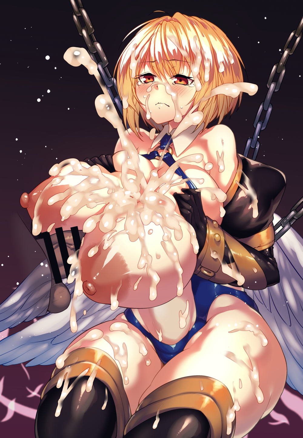 1:1, 1boy, 1girls, big breasts, blush, breast press, breast squeeze, breasts, busty, censor bar, chained, chained up, chains, covered in cum, cum, cum all over, cum between breasts, cum everywhere, cum explosion, cum on all visible body parts, cum on body, cum on breasts, cum on face, cum on legs, cum on thighs, cum on upper body, cumshot, curvy, disembodied penis, ejaculation, elbow gloves, excessive cum, excessive cum covered, female, huge breasts, large areolae, large breasts, large penis, male, massive breasts, nipple bulge, nipples, paizuri, penis, puffy nipples, red eyes, semen, semen on lower body, short hair, thick thighs, thighhighs, thighs, yellow hair, yonekura mochi