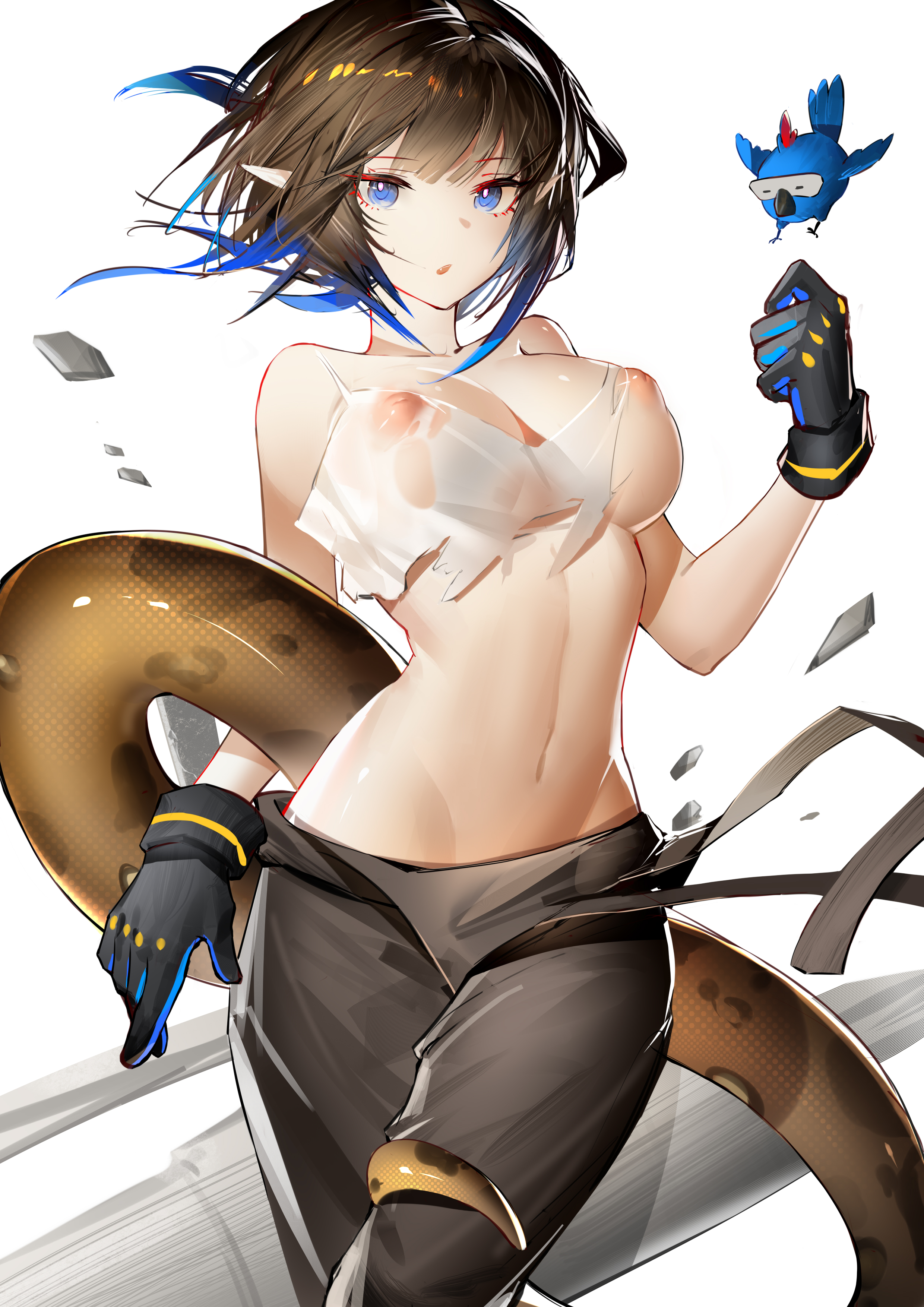 1girls, absurdres, arknights, blue eyes, breasts, eunectes (arknights), eunectes (forgemaster) (arknights), female, gkd111, gloves, inverted nipples, lizard, tagme, tagme (artist), torn clothes