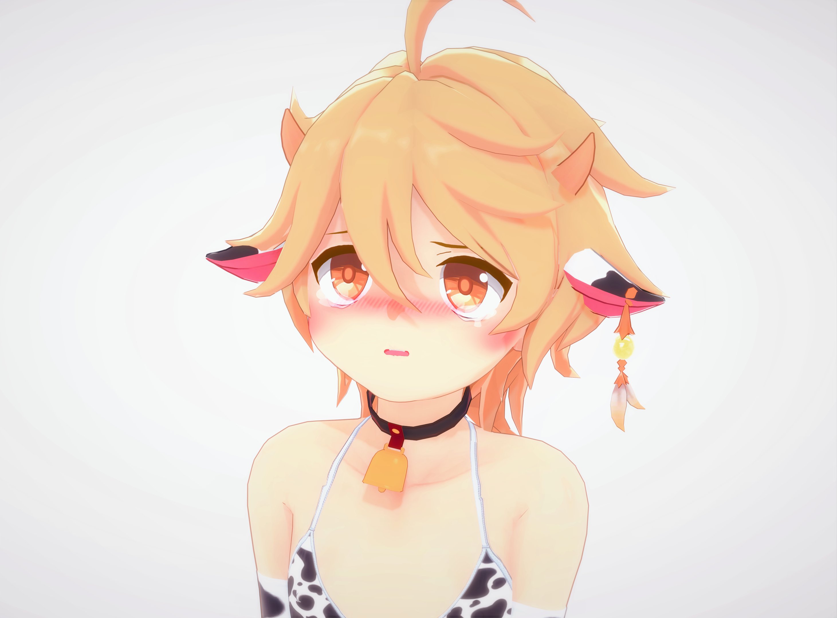 aether (genshin impact), ahoge, blonde hair, blush, cow ears, cow print, cowbell, crying, crying with eyes open, earring, femboy, gay, genshin impact, girly, gold eyes, hair, lactation, long, long hair, male, milk, yaoi