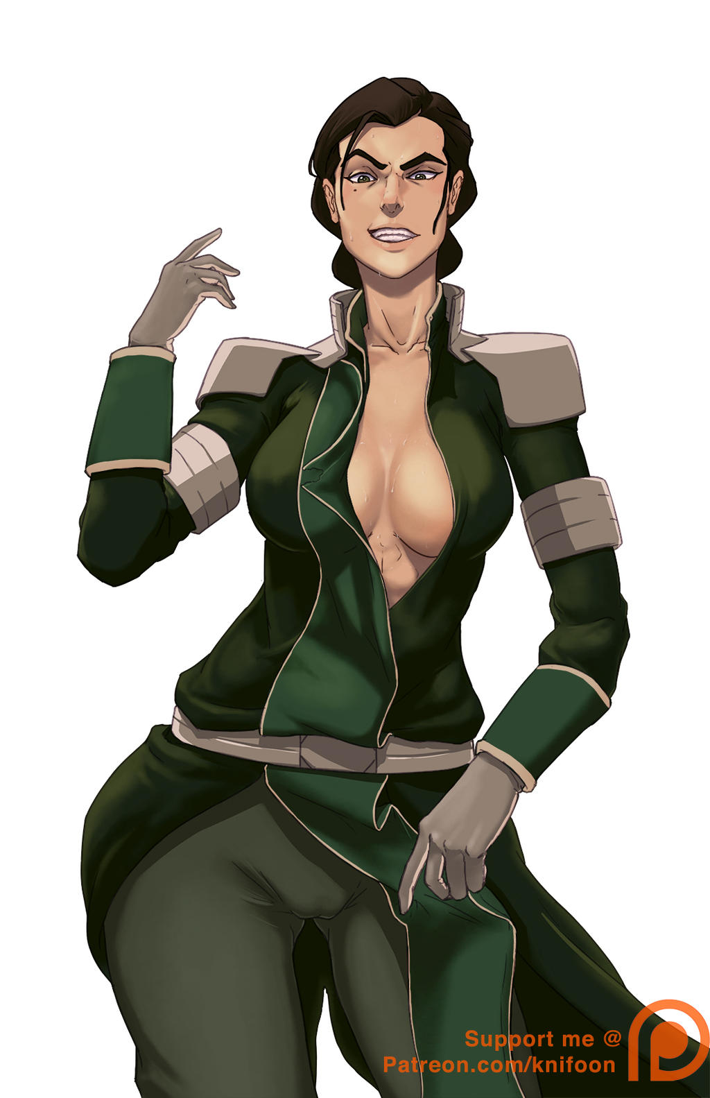 1girls, avatar the last airbender, breasts, cameltoe, clothing, dominant, dominant female, earth kingdom, female, gloves, green clothing, knifoon, kuvira, looking at viewer, looking down, medium breasts, mole, mole under eye, nickelodeon, pussy, sideboob, smooth skin, solo, solo female, sweat, sweatdrop, sweaty breasts, tagme, the legend of korra, white background